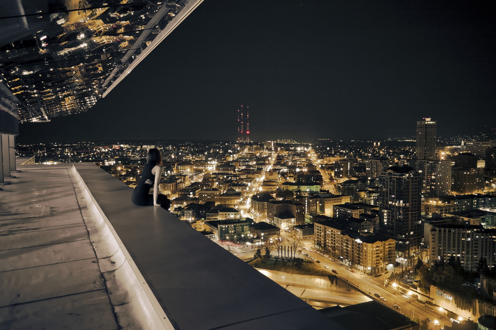 building exterior, black, built structure, financial district, night, balcony, sitting, skyscraper, rooftops, city, s, high angle view, 1080P, women, building, HD Wallpaper
