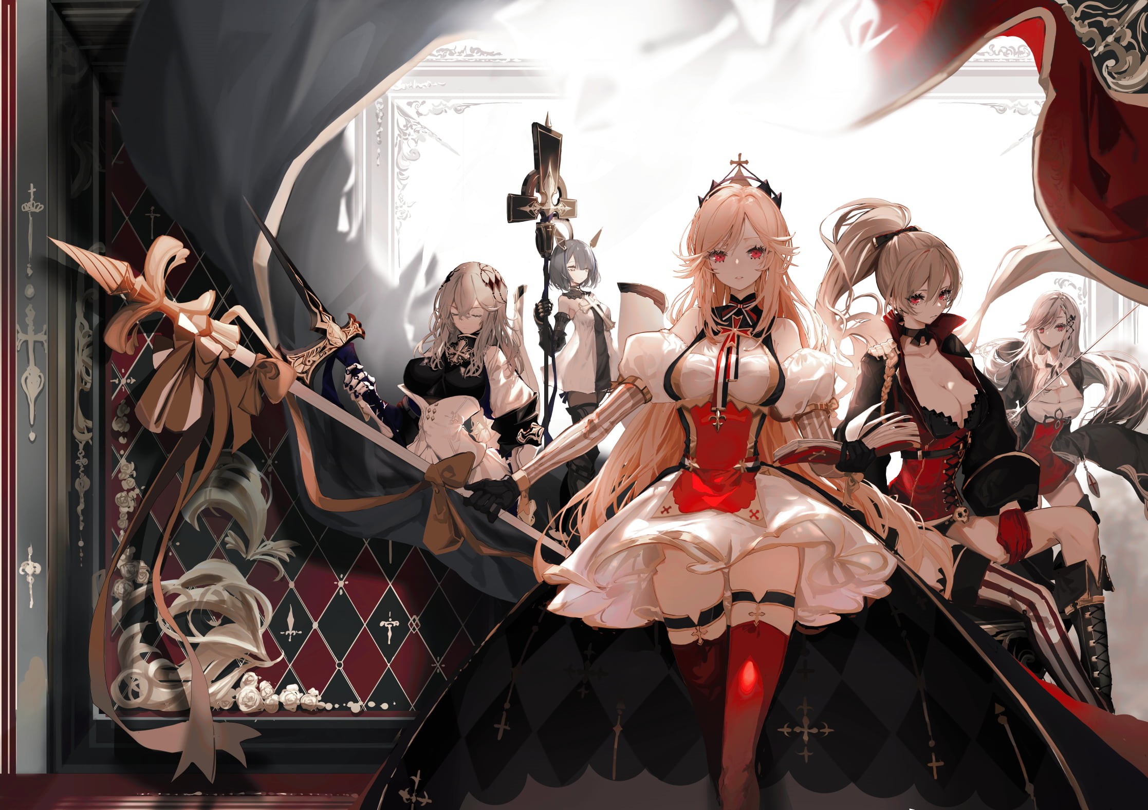 ponytail, sword, Azur Lane, blonde, white dress, red eyes, gray hair, dress, Richelieu (Azur Lane), open mouth, anime girls, Dunkerque (Azur Lane), black hair, HD Wallpaper
