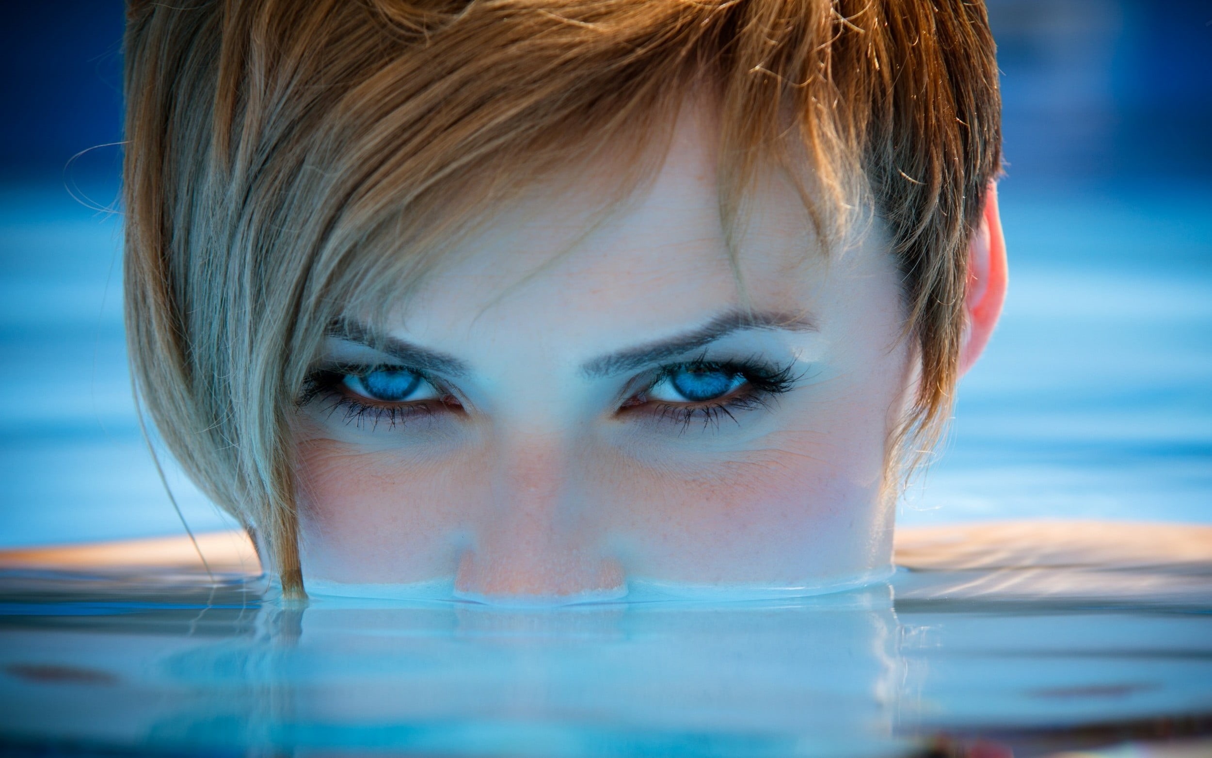 hairstyle, blue eyes, beautiful woman, sunlight, women, human hair, pale, young women, water, contemplation, headshot, real people, woman, face, human body part, HD Wallpaper
