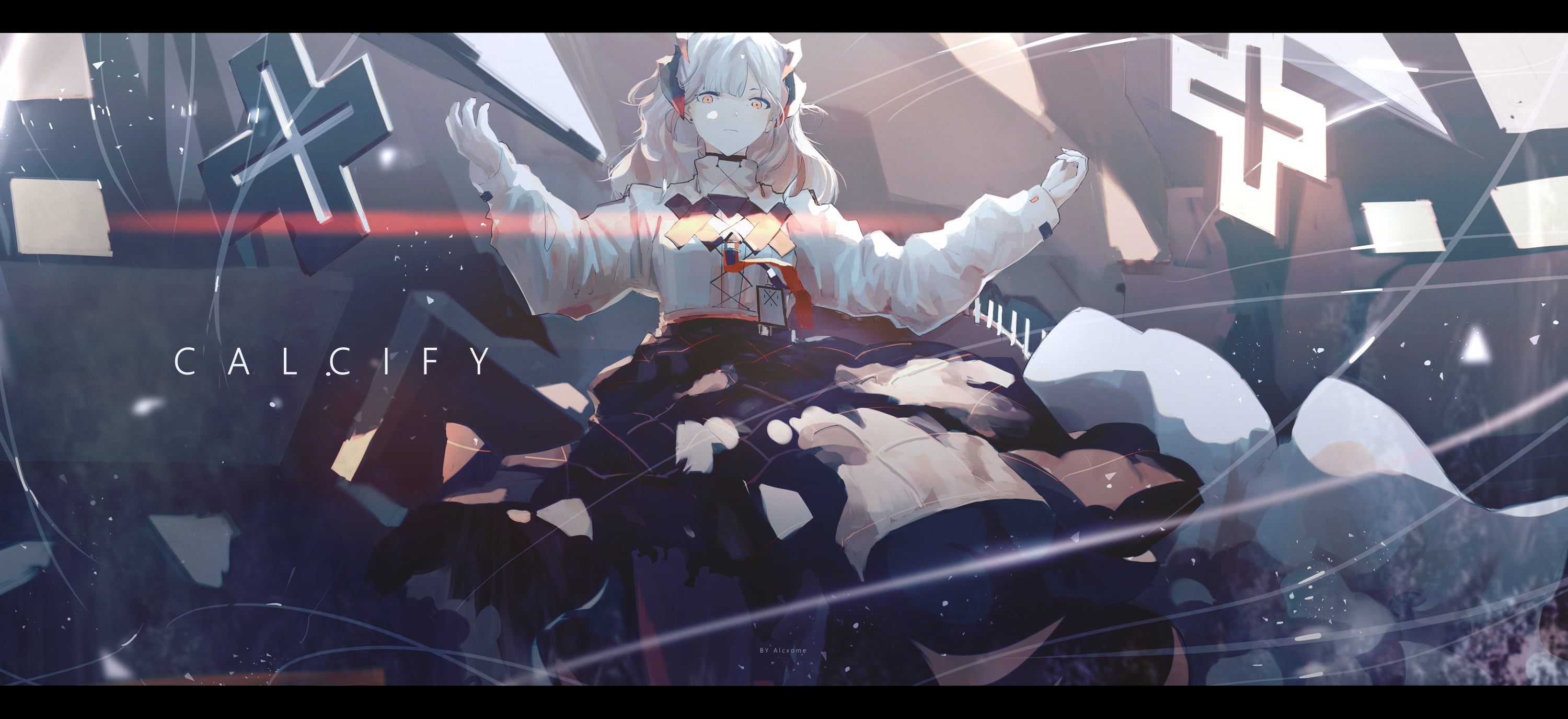2K, white hair, Alcxome, green eyes, artwork, Arknights, dress, anime girls, anime, digital art, short hair, HD Wallpaper