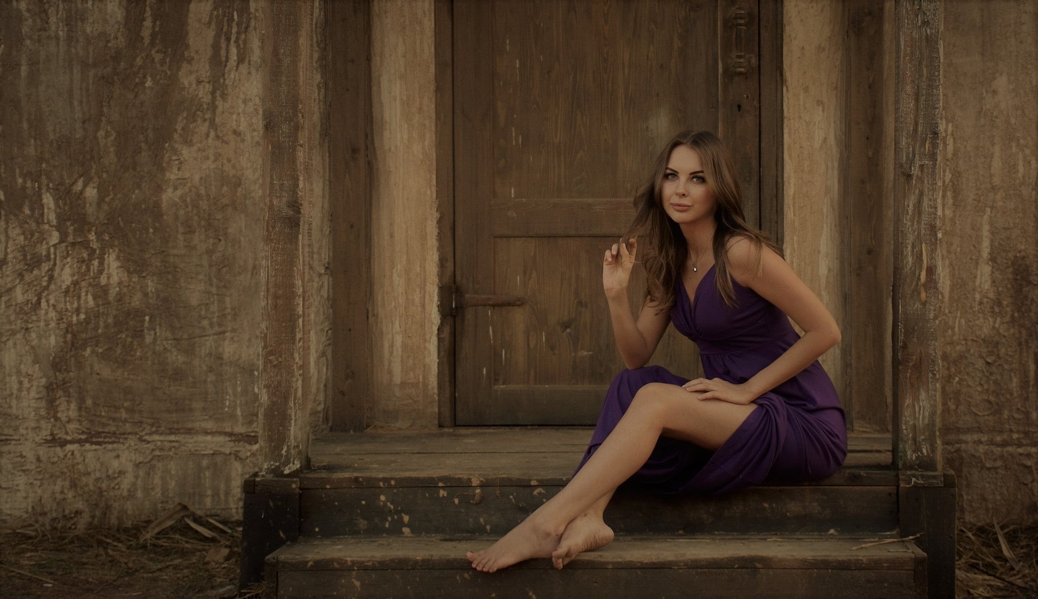 casual clothing, barefoot, brunette, fashion, purple dresses, necklace, portrait, 1080P, real people, long hair, outdoors, women outdoors, beautiful woman, HD Wallpaper