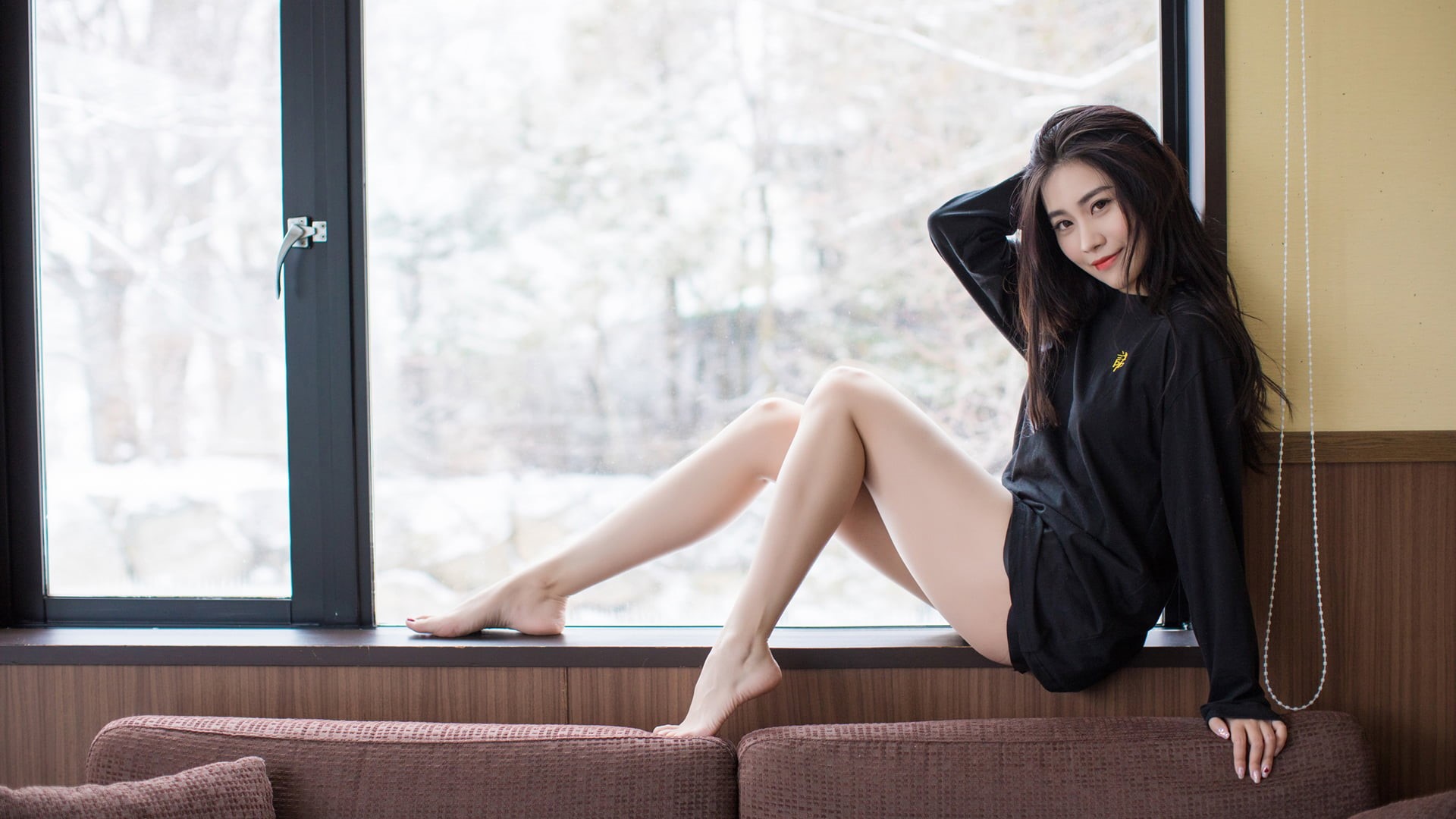 long hair, hairstyle, one person, sitting, shirt, model, feet, 1080P, women, lifestyles, beautiful woman, window, full length, adult, beauty, long, s, HD Wallpaper