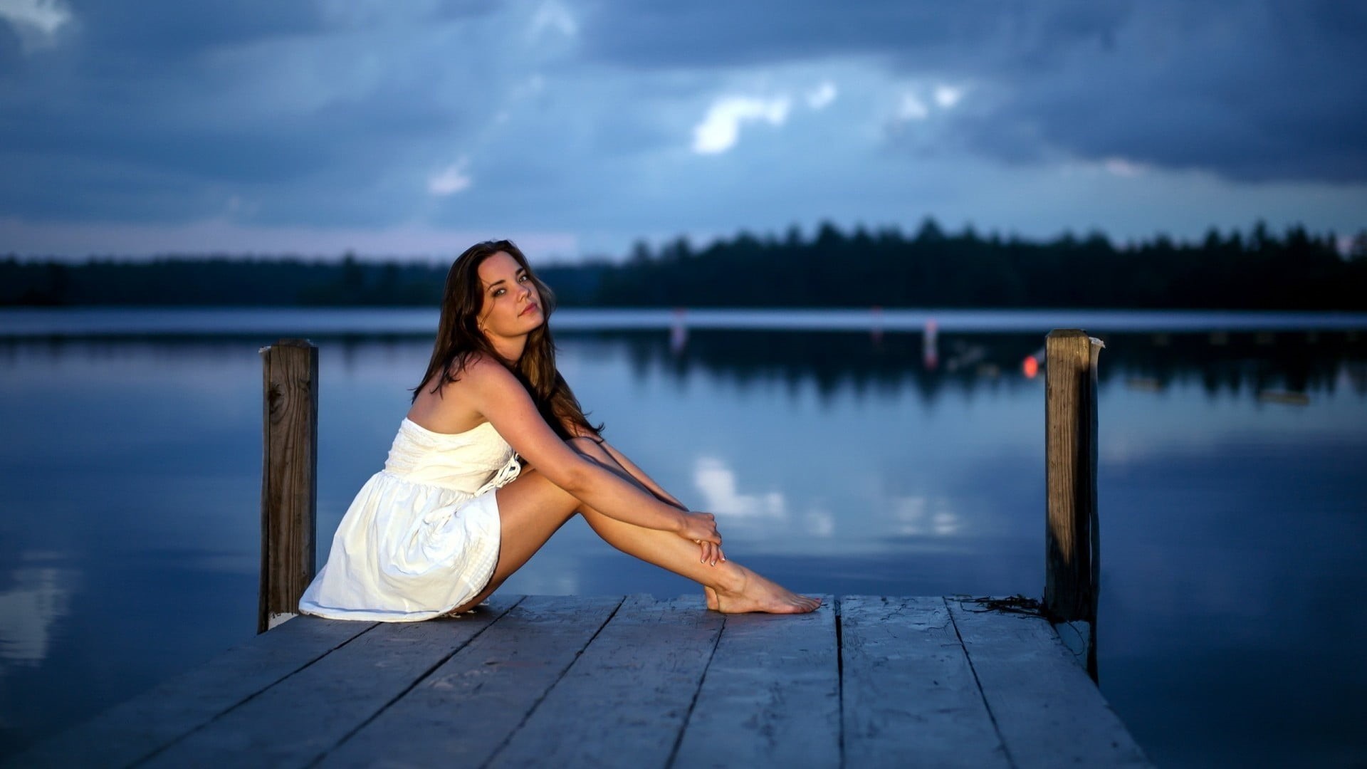 white dress, lake, pier, legs, nature, 1080P, calm, one person, looking at viewer, beauty, real people, young adult, lifestyles, beauty in nature, white, HD Wallpaper
