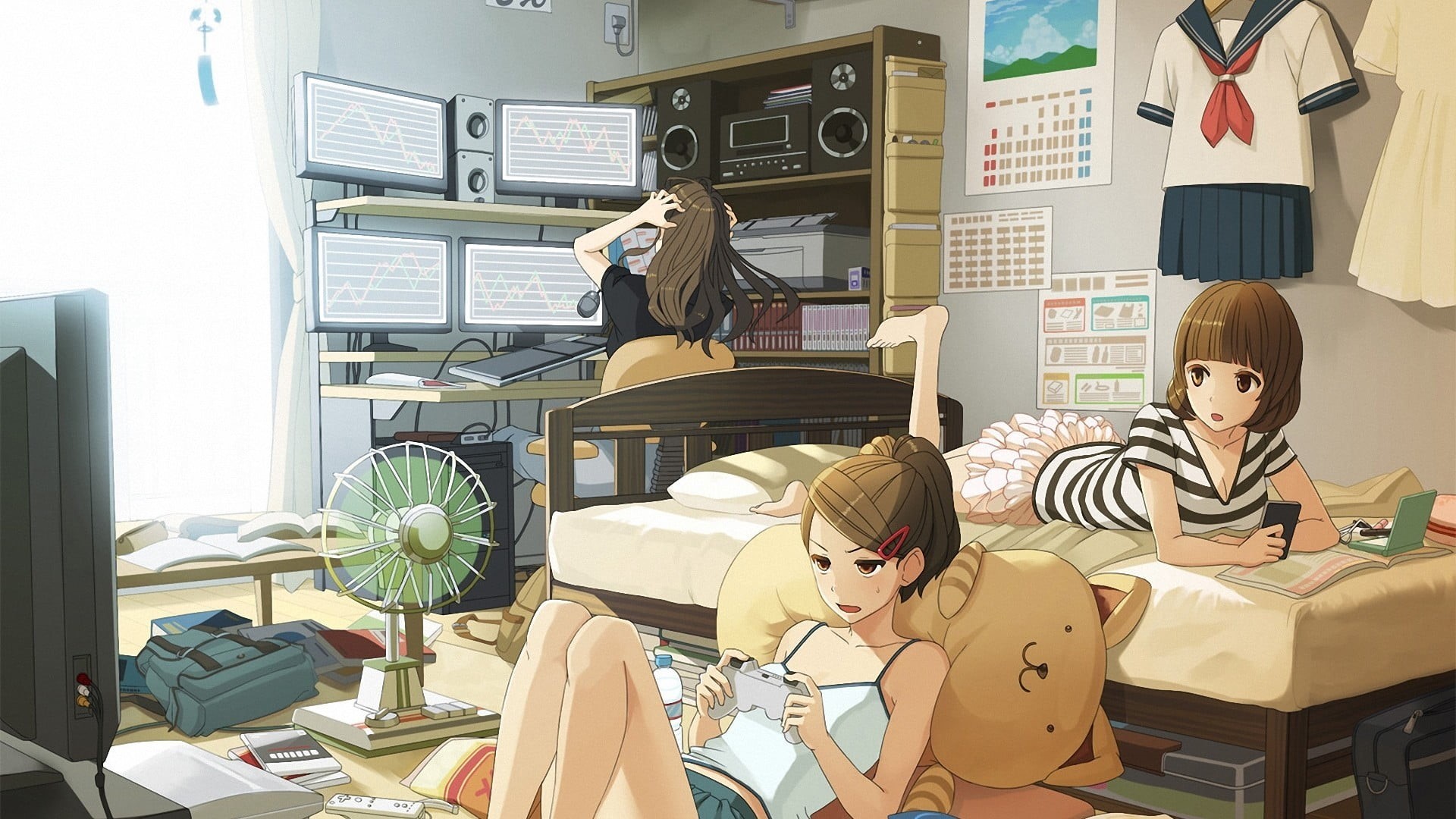 vector, furniture, computer equipment, indoors, apartment, computer Graphic, characters, technology, playing, illustration, anime, business, table, chair, HD Wallpaper