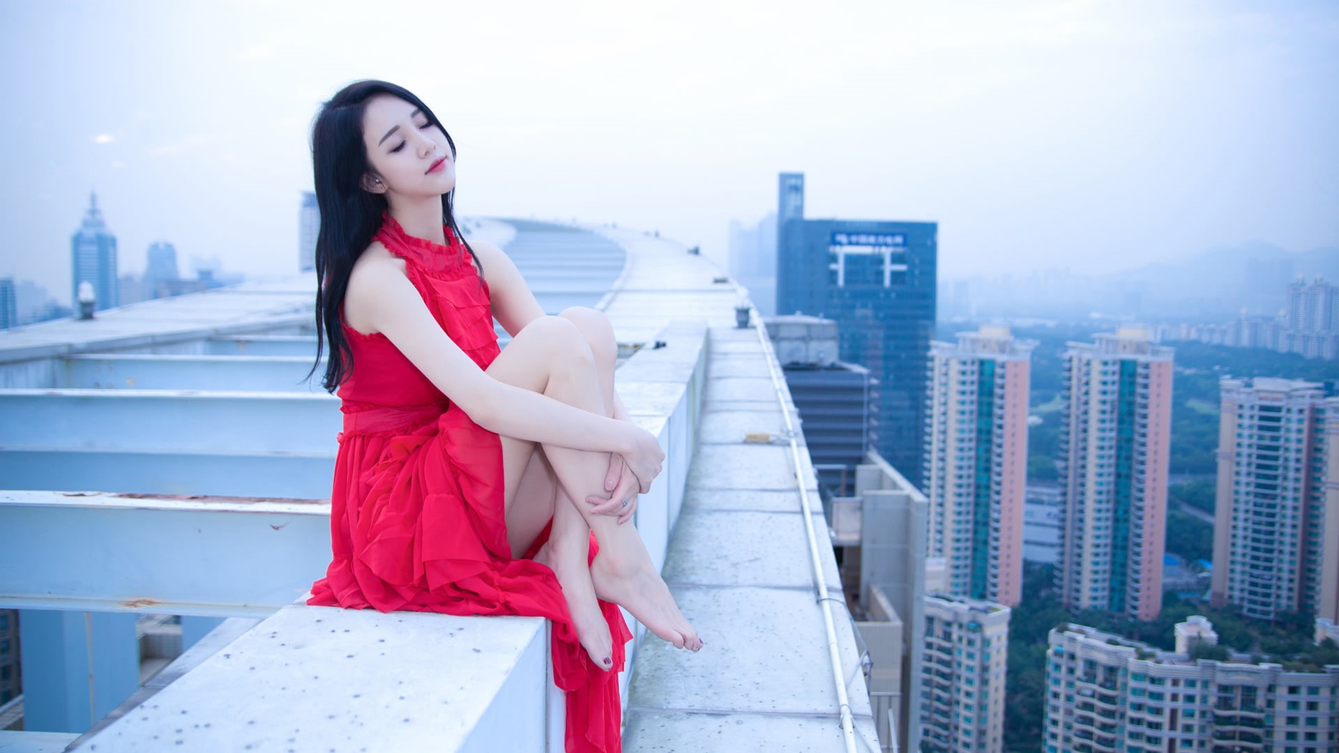 beautiful woman, office building exterior, skyscraper, young adult, cityscape, fashion, photography, beauty, red dress, sleeveless, s, city, adult, one person, HD Wallpaper