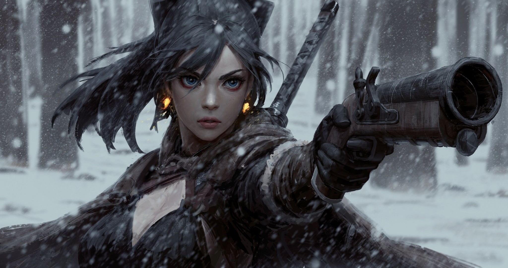 front view, aggression, warrior, fantasy art, snow, snowing, young women, sword, GUWEIZ, gun, shotgun, day, portrait, real people, women, outdoors, cold temperature, HD Wallpaper