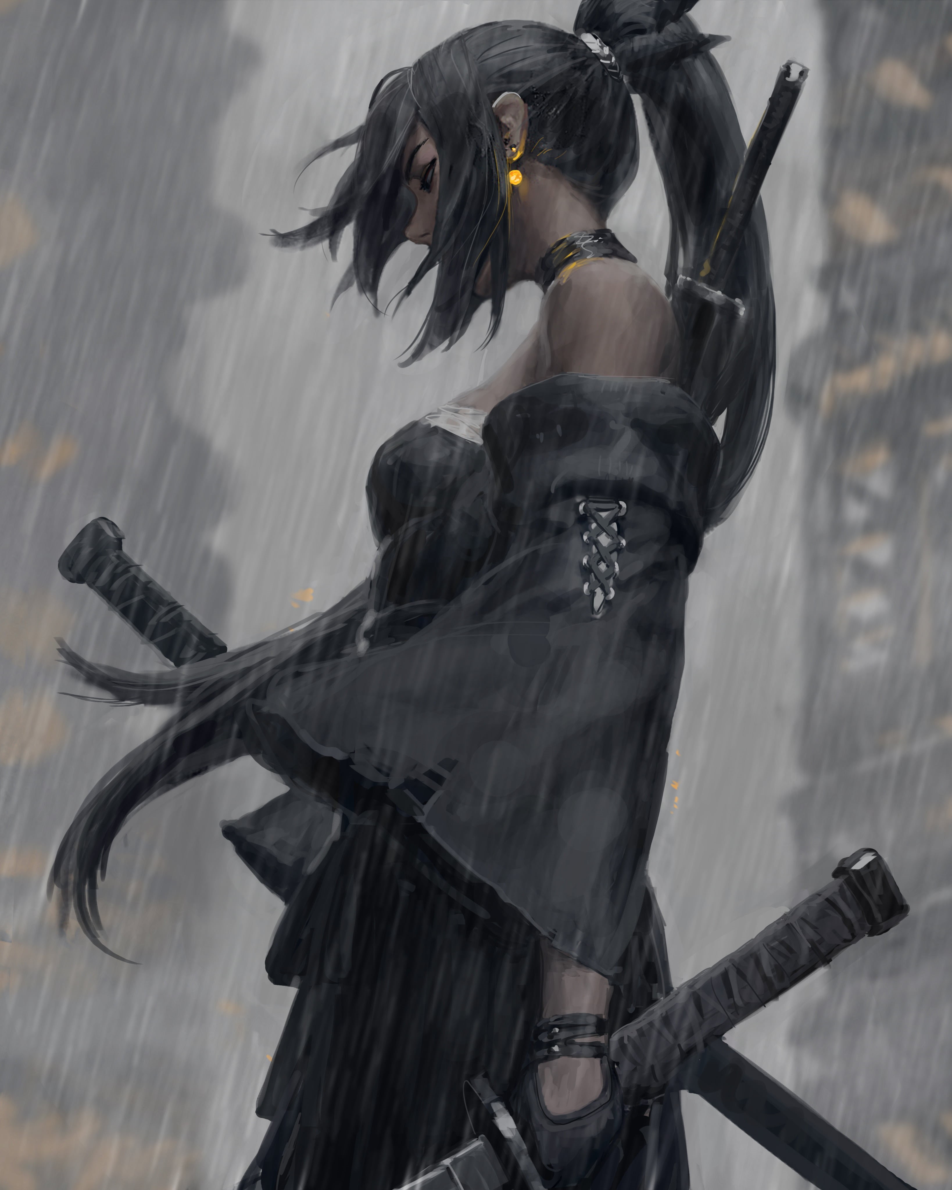 earring, digital art, Z.W. Gu, bare shoulders, weapon, rain, choker, side view, black clothing, black hair, 4K, dress, 2D, profile, long hair, illustration, Phone HD Wallpaper