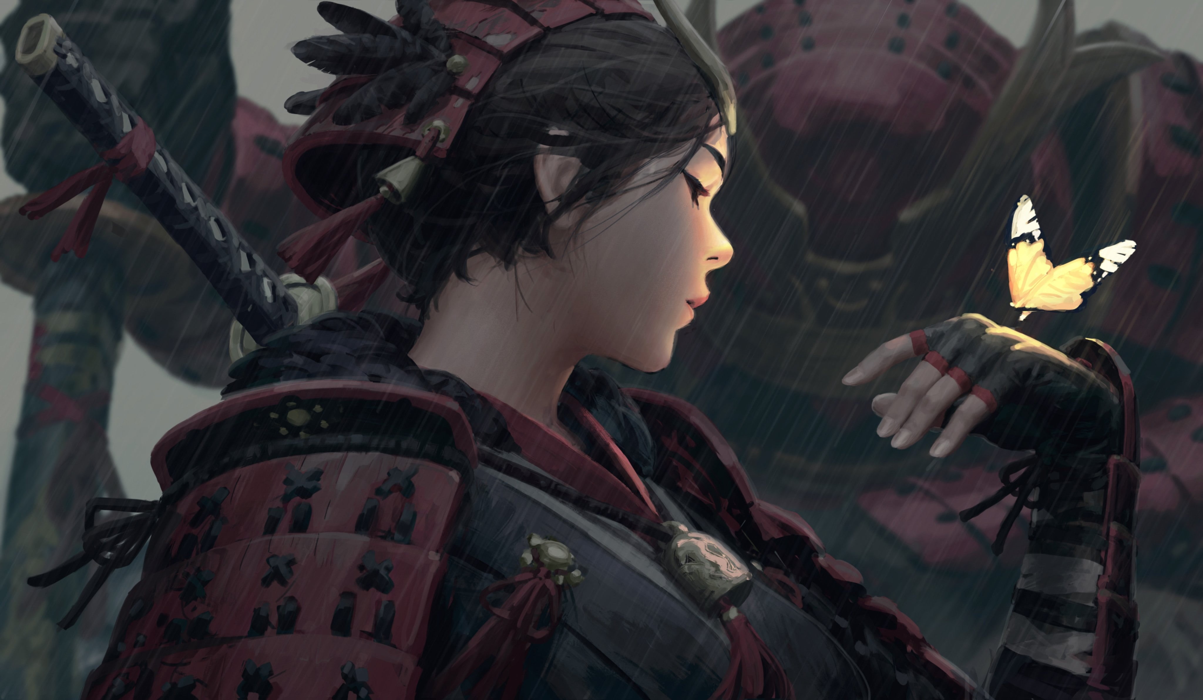 illustration, drawing, black hair, Armored, katana, fantasy art, arm warmers, 4K, feathers, helmet, butterfly, women, glowing, Z.W. Gu, warrior girls, HD Wallpaper