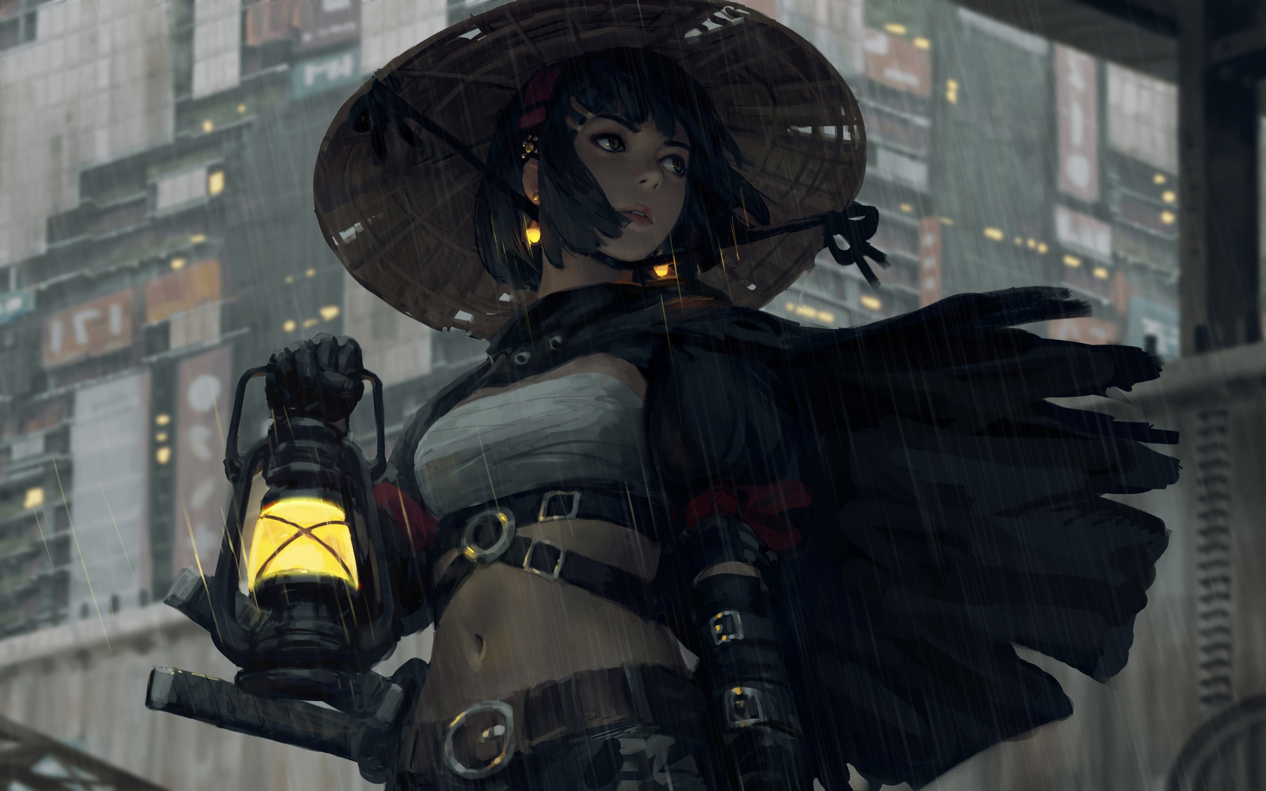 lantern, science fiction, katana, women with hats, low-angle, bandage, women, GUWEIZ, Z.W. Gu, belly, original characters, depth of field, black clothing, HD Wallpaper