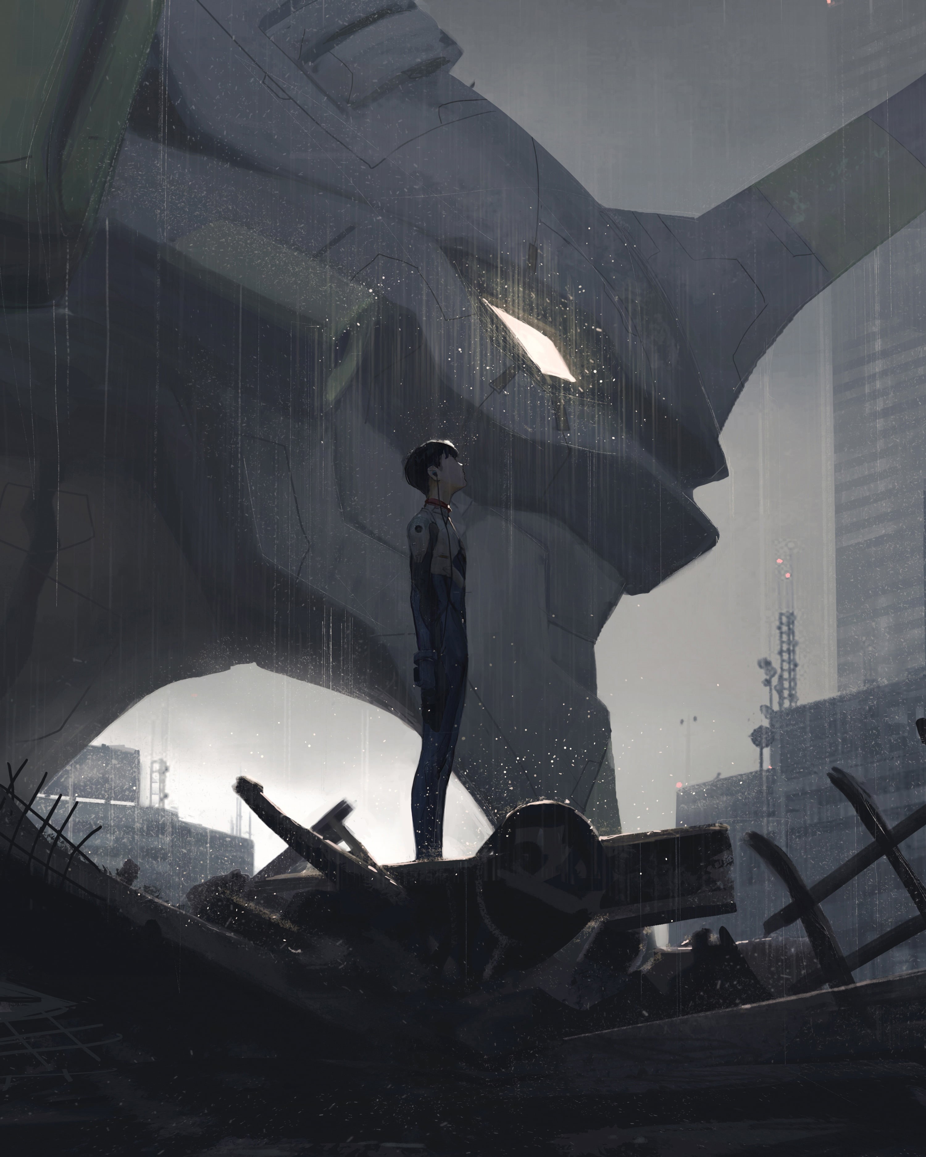 Z.W. Gu, artwork, mech, rain, building, fantasy art, anime, standing, fan art, illustration, profile, plugsuit, Neon Genesis Evangelion, manga, destruction, Phone HD Wallpaper