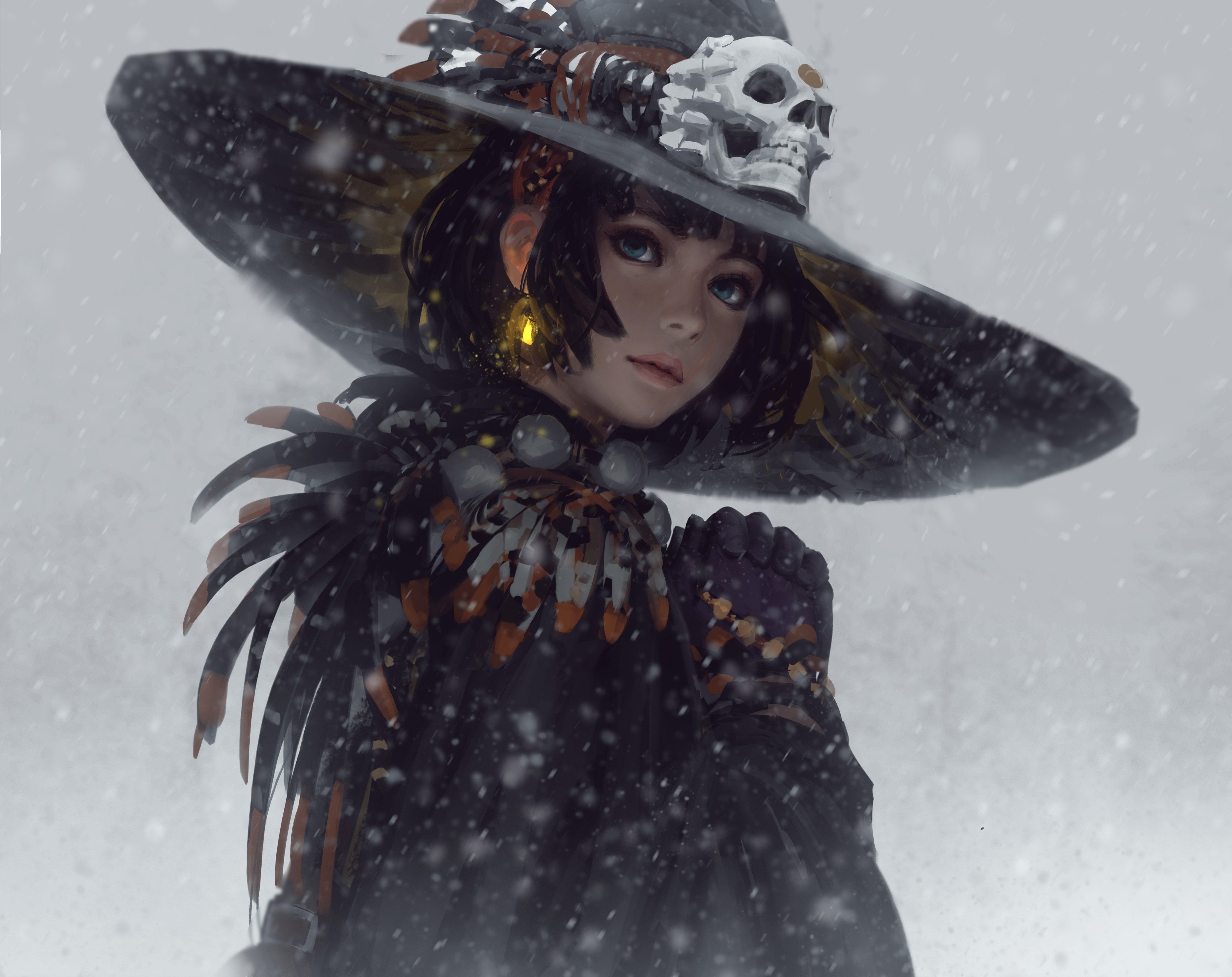 GUWEIZ, women, witch, 4K, snowing, painting, fantasy art, artwork, HD Wallpaper