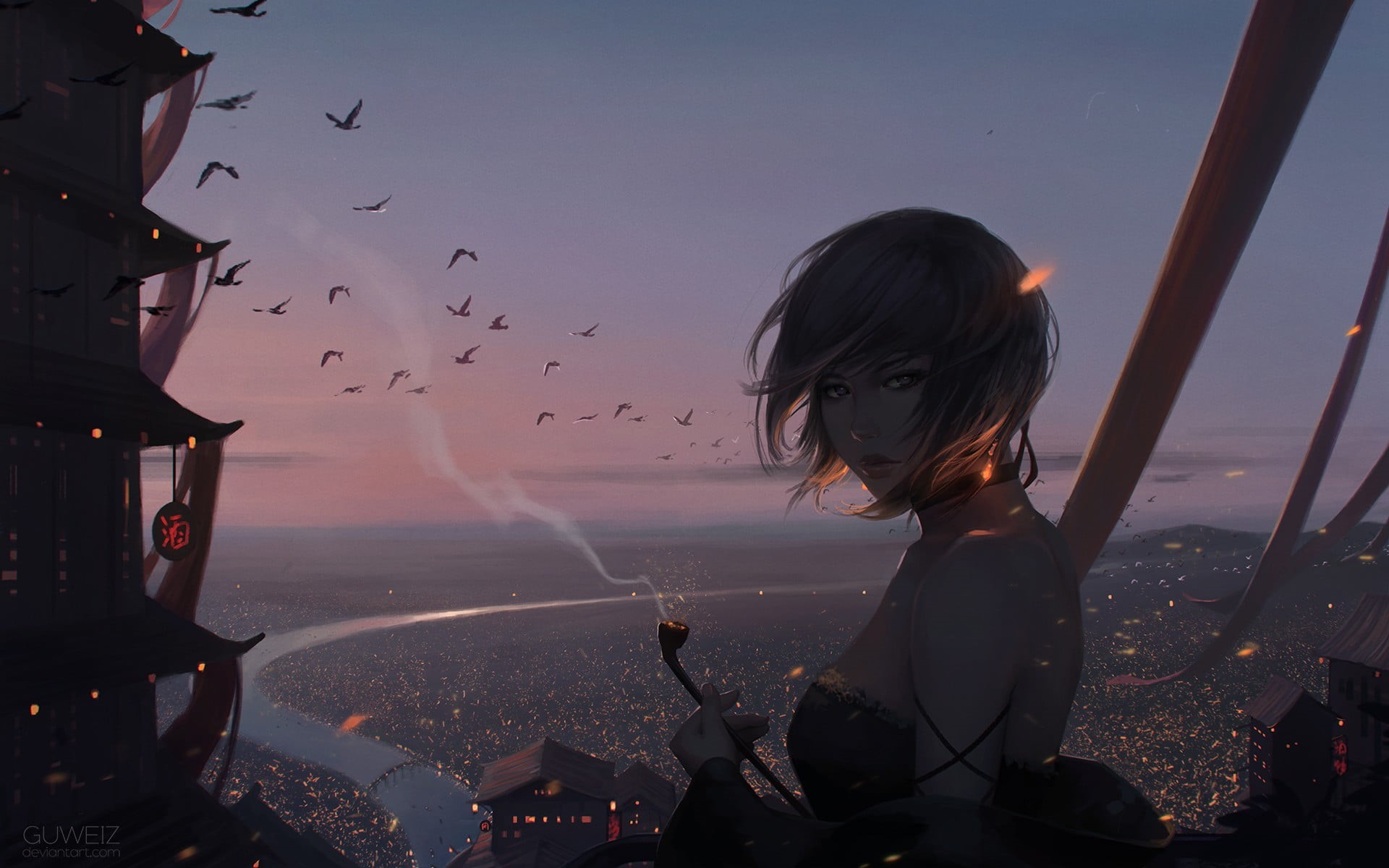 fantasy art, casual clothing, one person, character, leisure activity, animals in the wild, GUWEIZ, 1080P, water, outdoors, flock of birds, real people, HD Wallpaper