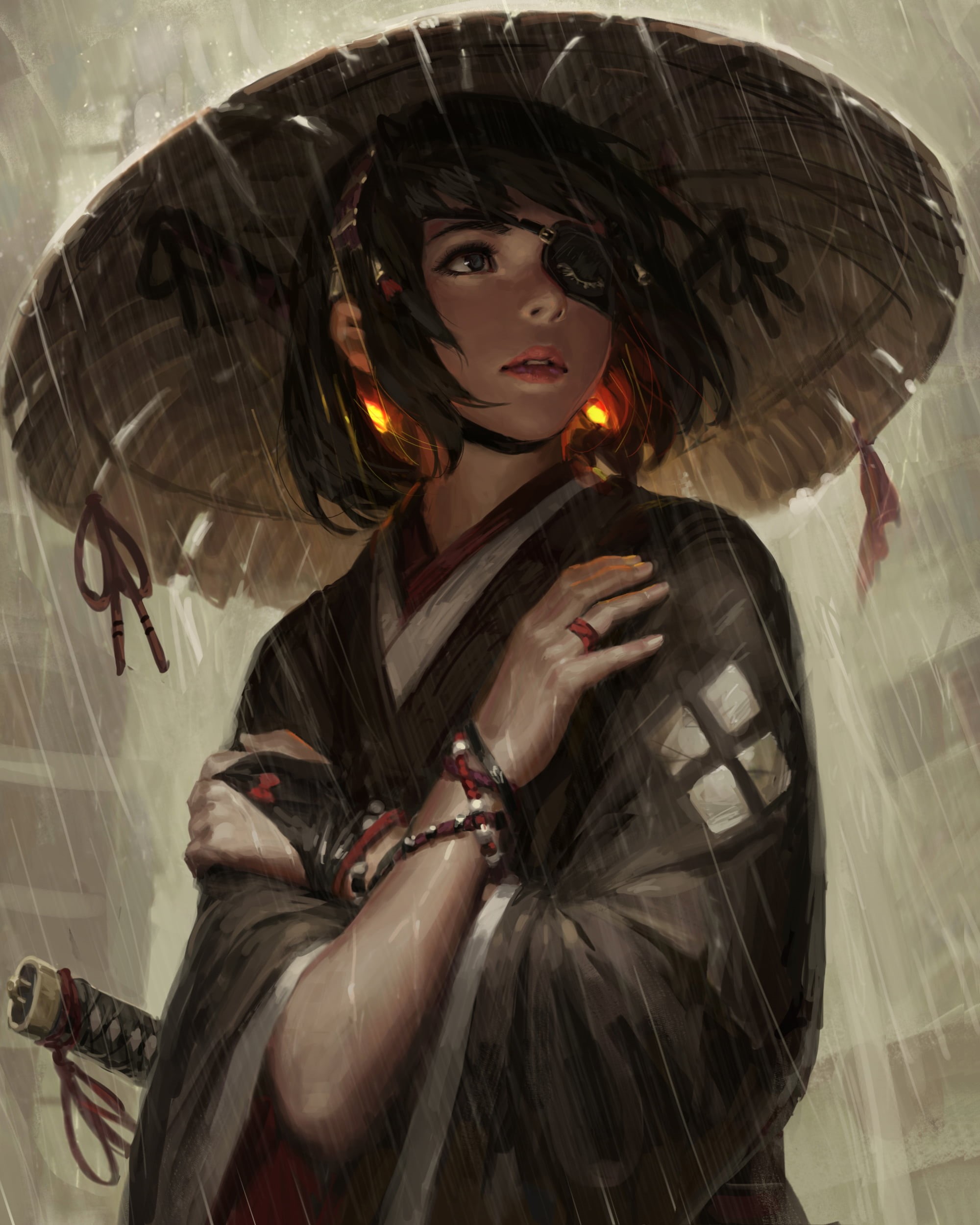 katana, fantasy girl, shoulder length hair, drawing, women with hats, eye patch, original characters, glowing, illustration, women, digital art, bangs, Phone HD Wallpaper