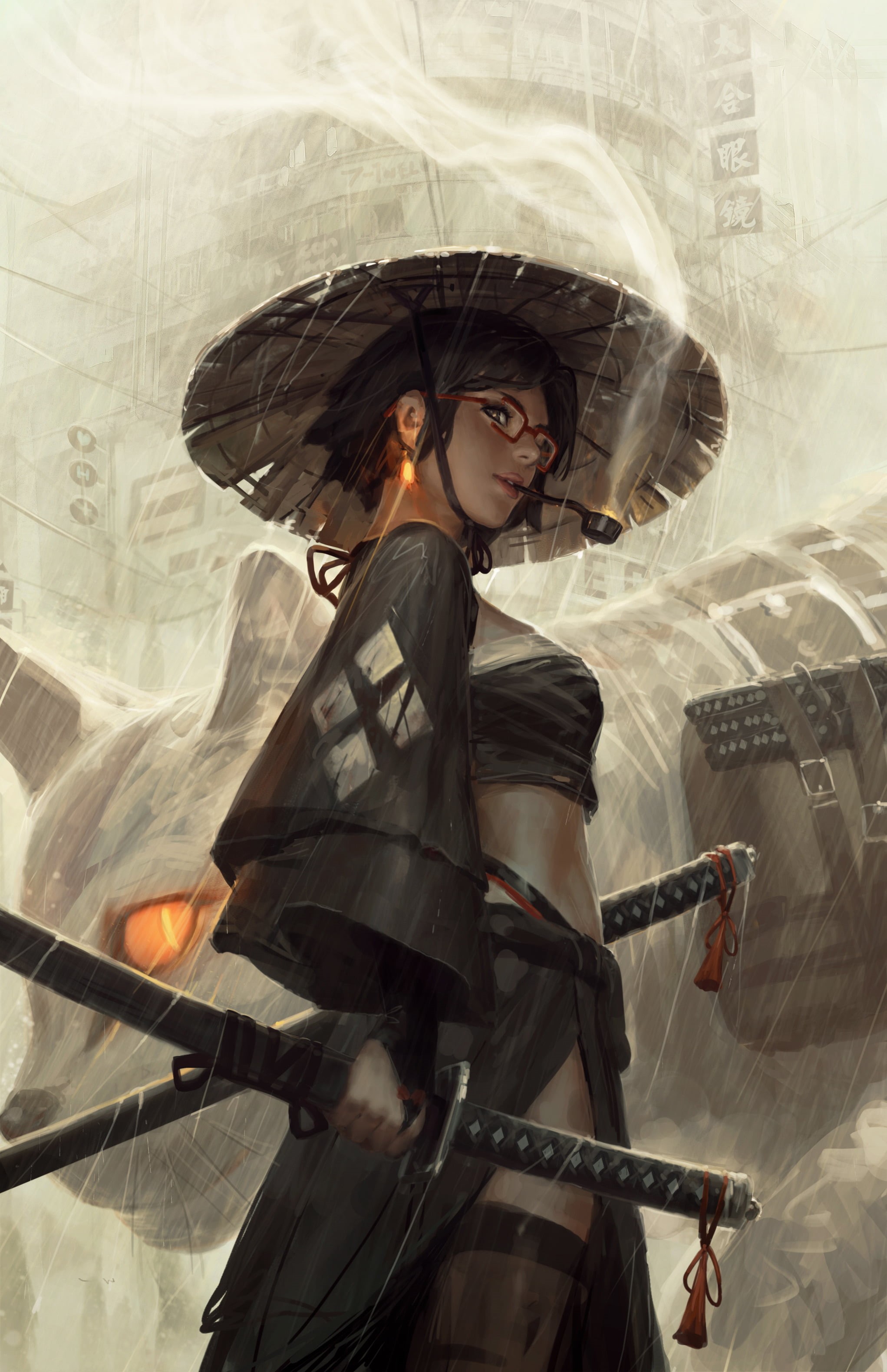 women with hats, rain, smoke, hat, science fiction, cats, short hair, warrior girls, black clothing, earring, smoking pipe, katana, illustration, smiling, Phone HD Wallpaper