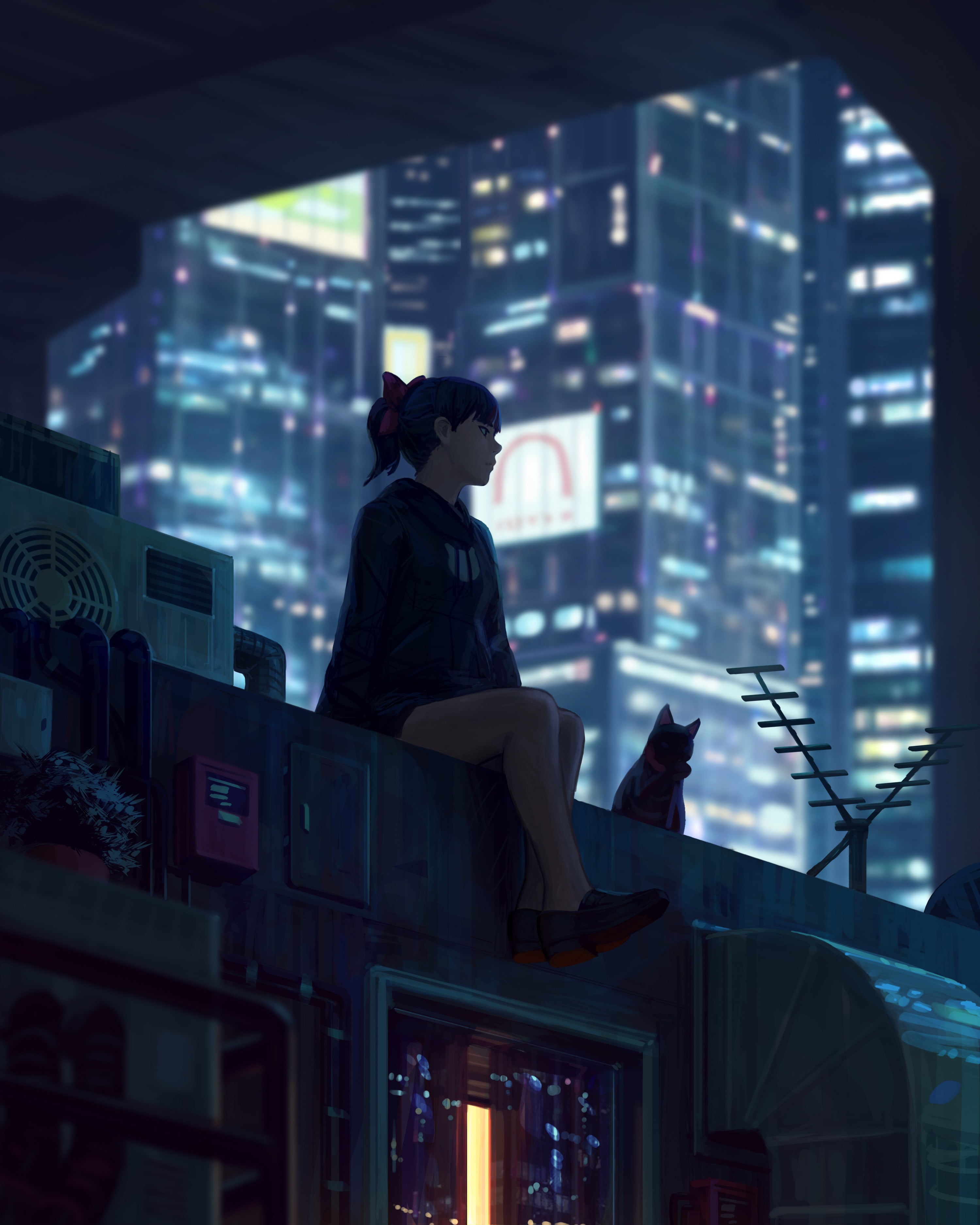 hair bows, artwork, original characters, depth of field, women, sitting, drawing, building, ponytail, illustration, Z.W. Gu, cats, rooftops, dark hair, Phone HD Wallpaper