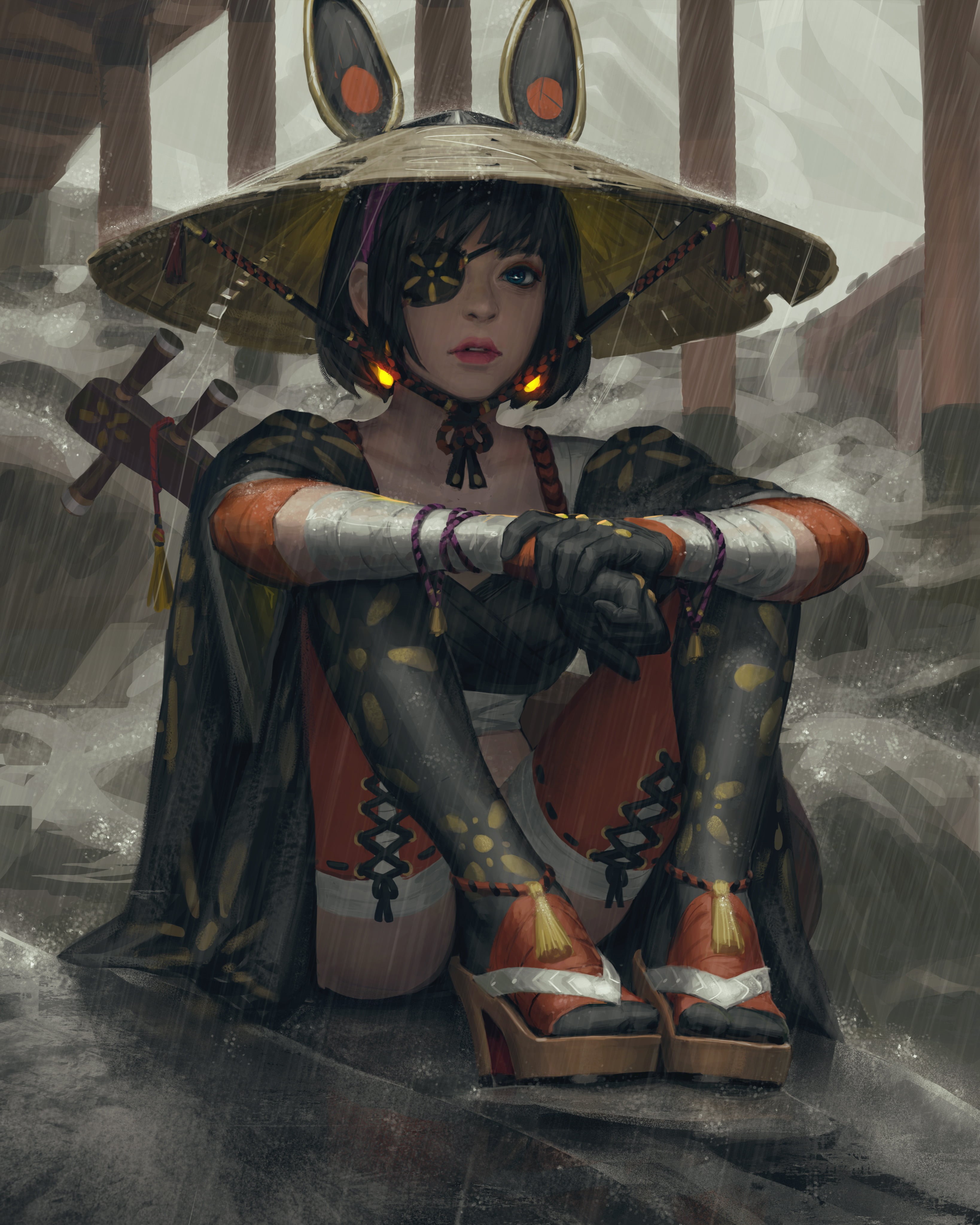 digital art, looking at viewer, fantasy art, women with hats, eyepatches, fantasy girl, sitting, vertical, original characters, eye patch, detached sleeves, Phone HD Wallpaper