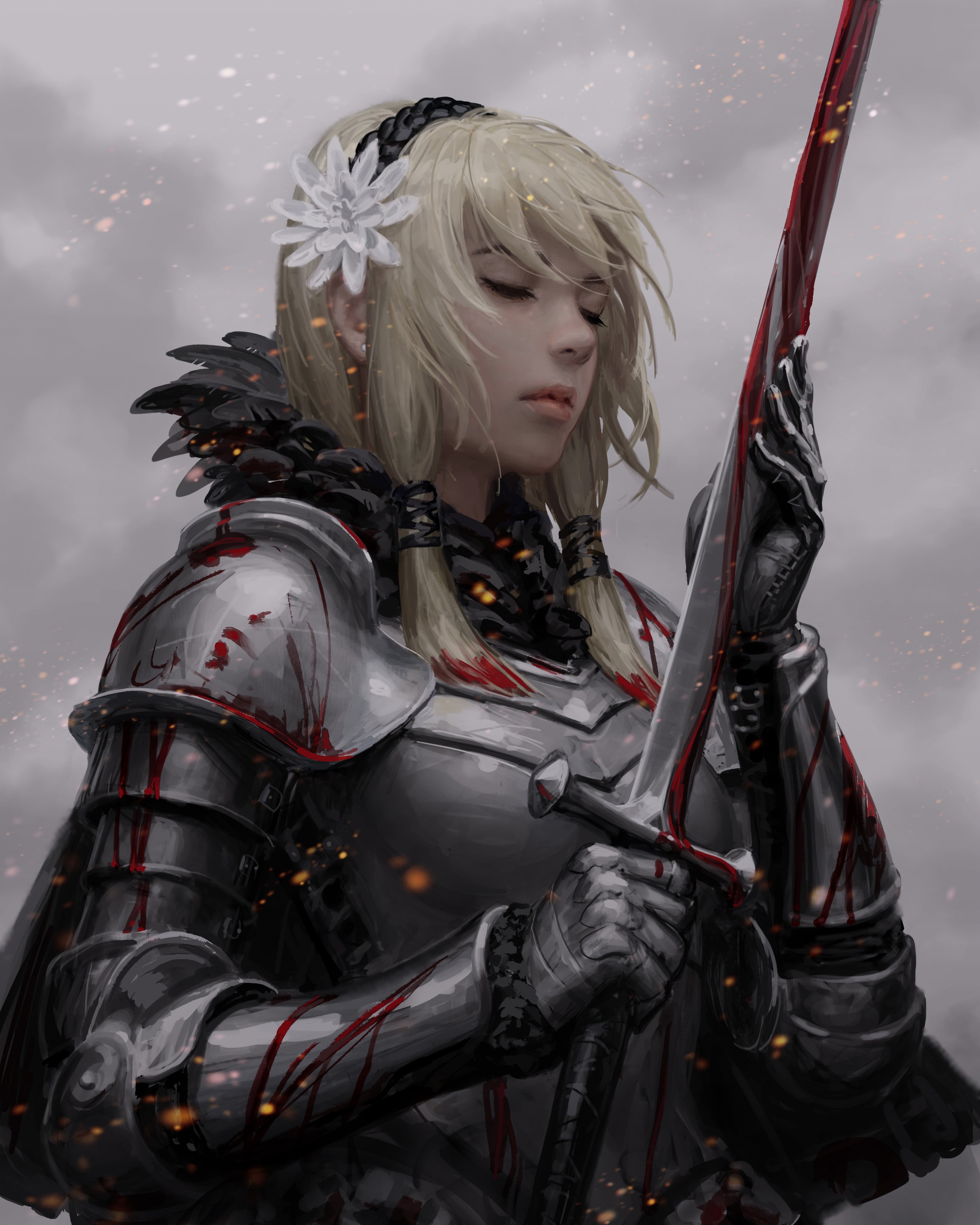 hair accessories, fantasy art, warrior girls, blonde, 2K, closed eyes, sword, sparks, feathers, knight, blood, vertical, Z.W. Gu, weapon, illustration, Phone HD Wallpaper