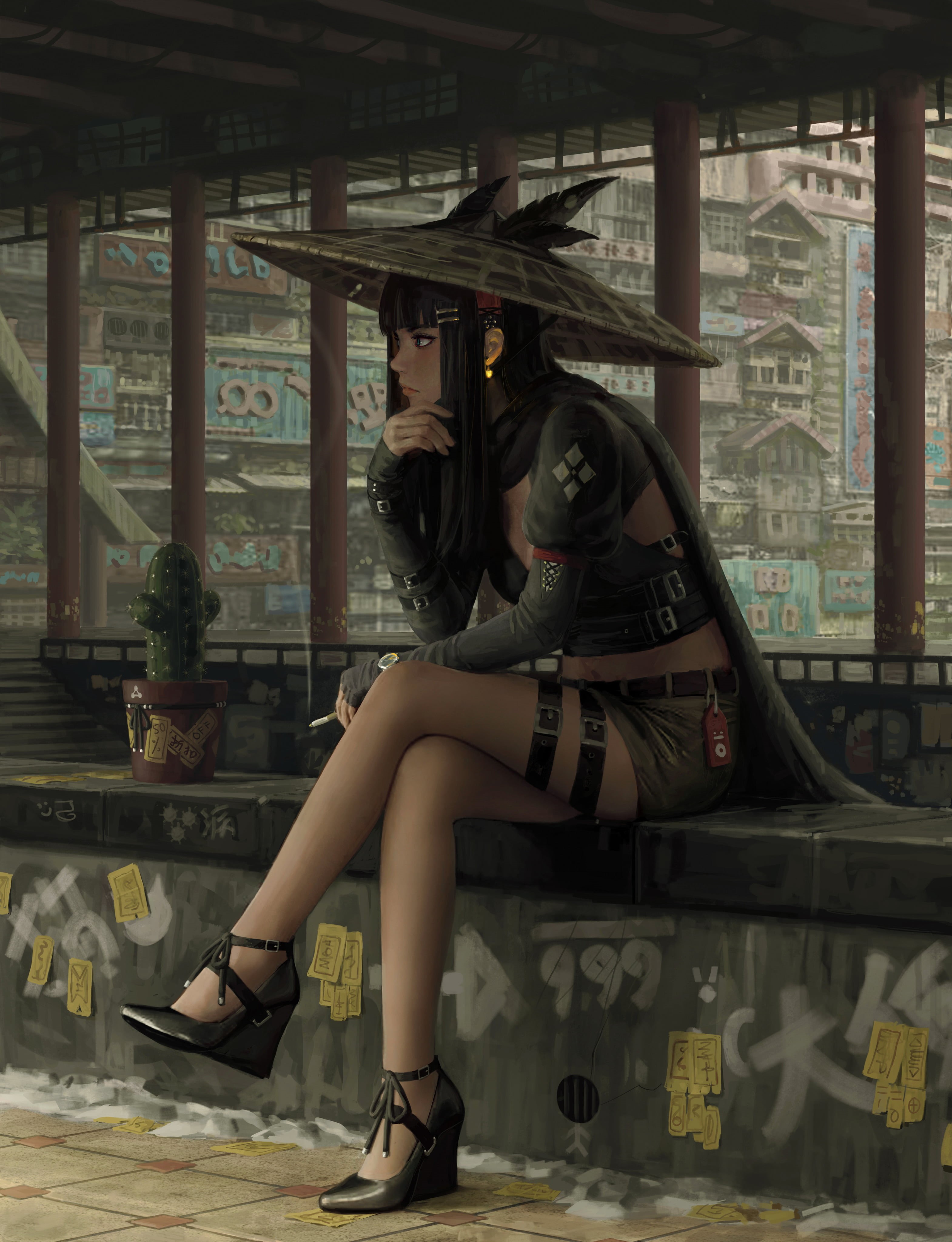hat, GUWEIZ, eastern, 4K, legs crossed, cactus, fantasy art, legs, Phone HD Wallpaper