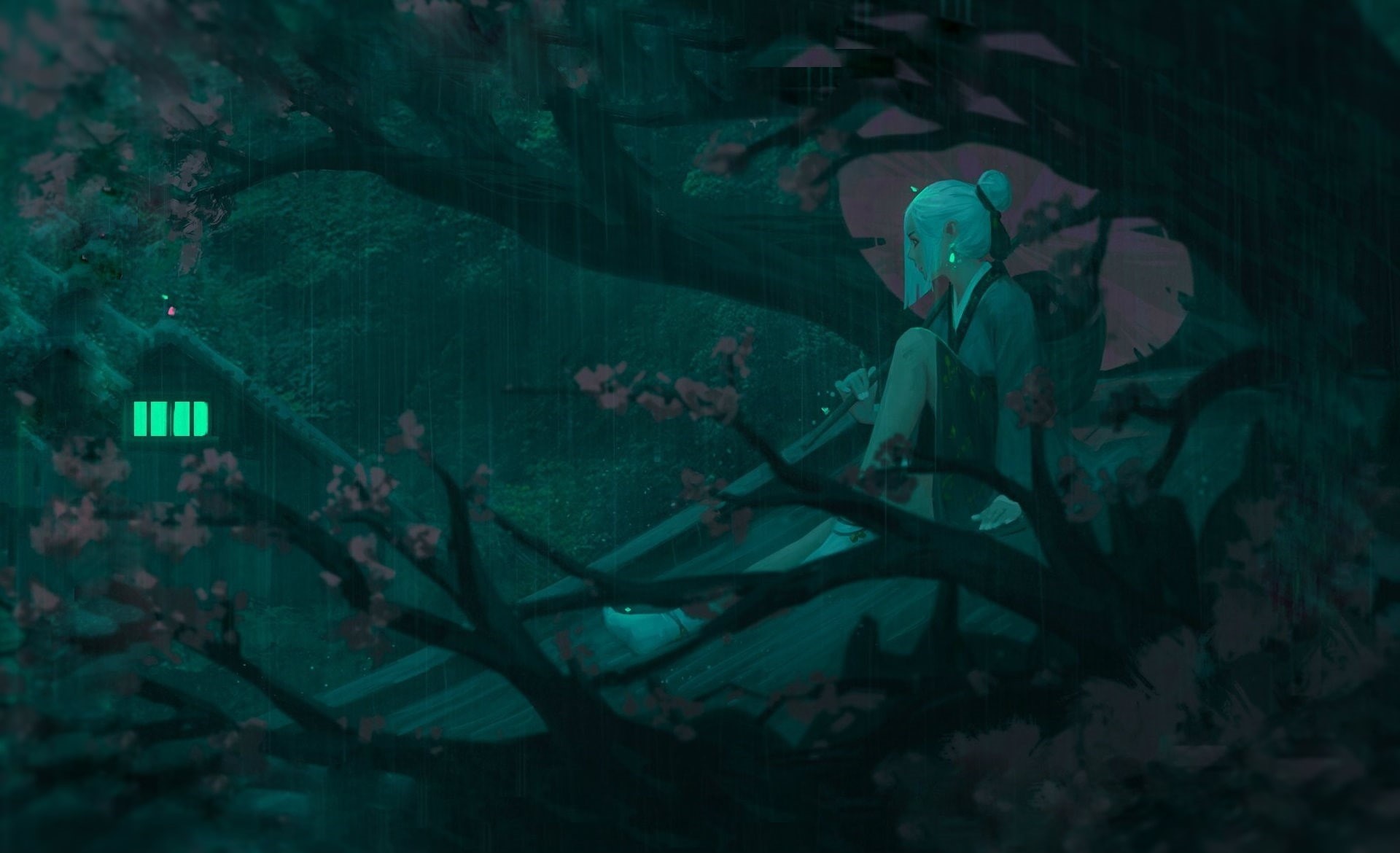 on the roof, Japan, the light in the window, art, wooden house, branches, Sakura, 1080P, umbrella, girl, night, Guweiz, HD Wallpaper