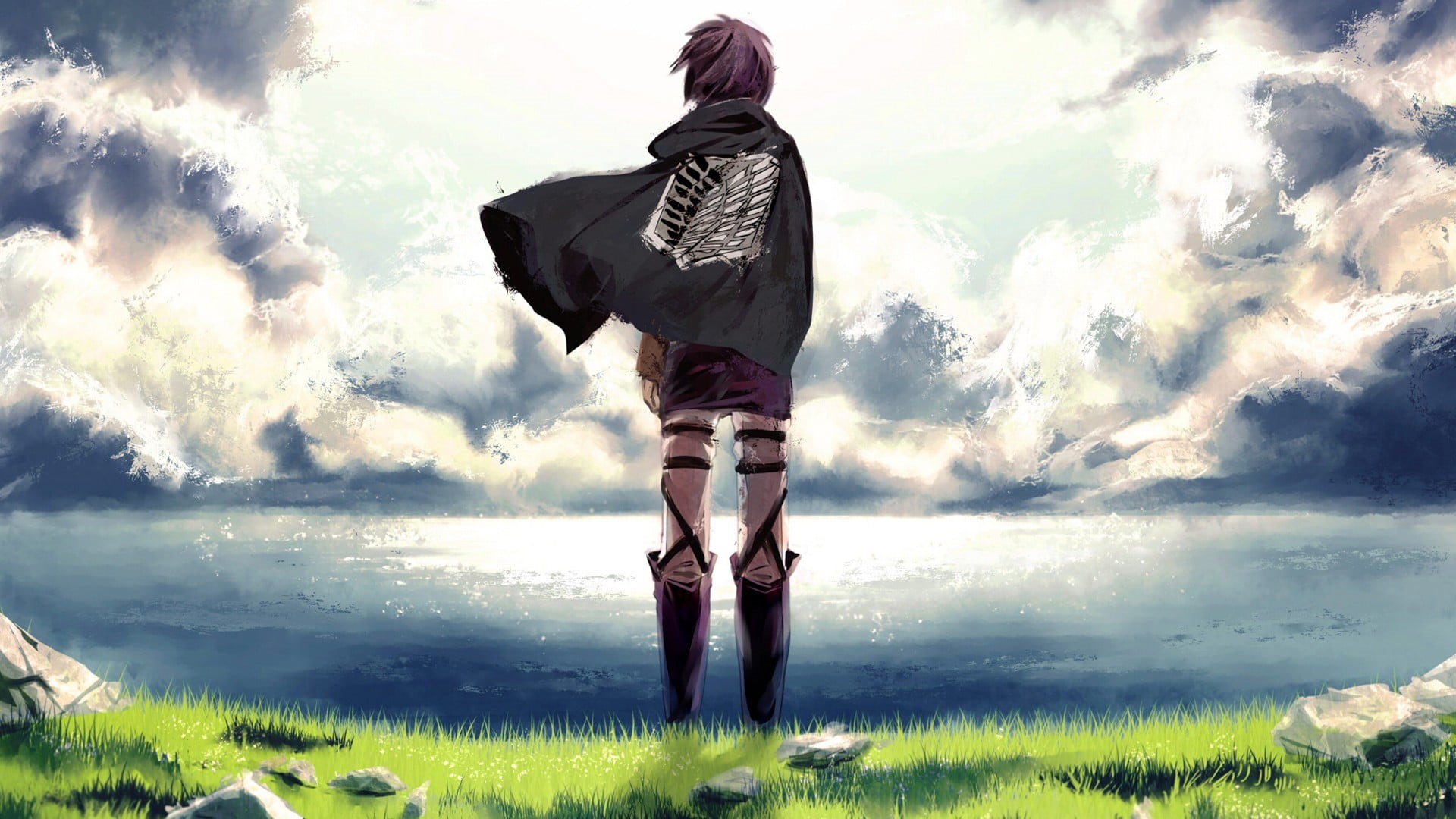 sky, Eren Jeager, casual clothing, women, lifestyles, illustration, cloud - sky, anime, sea, character, beauty in nature, 1080P, titan, outdoors, manga, HD Wallpaper