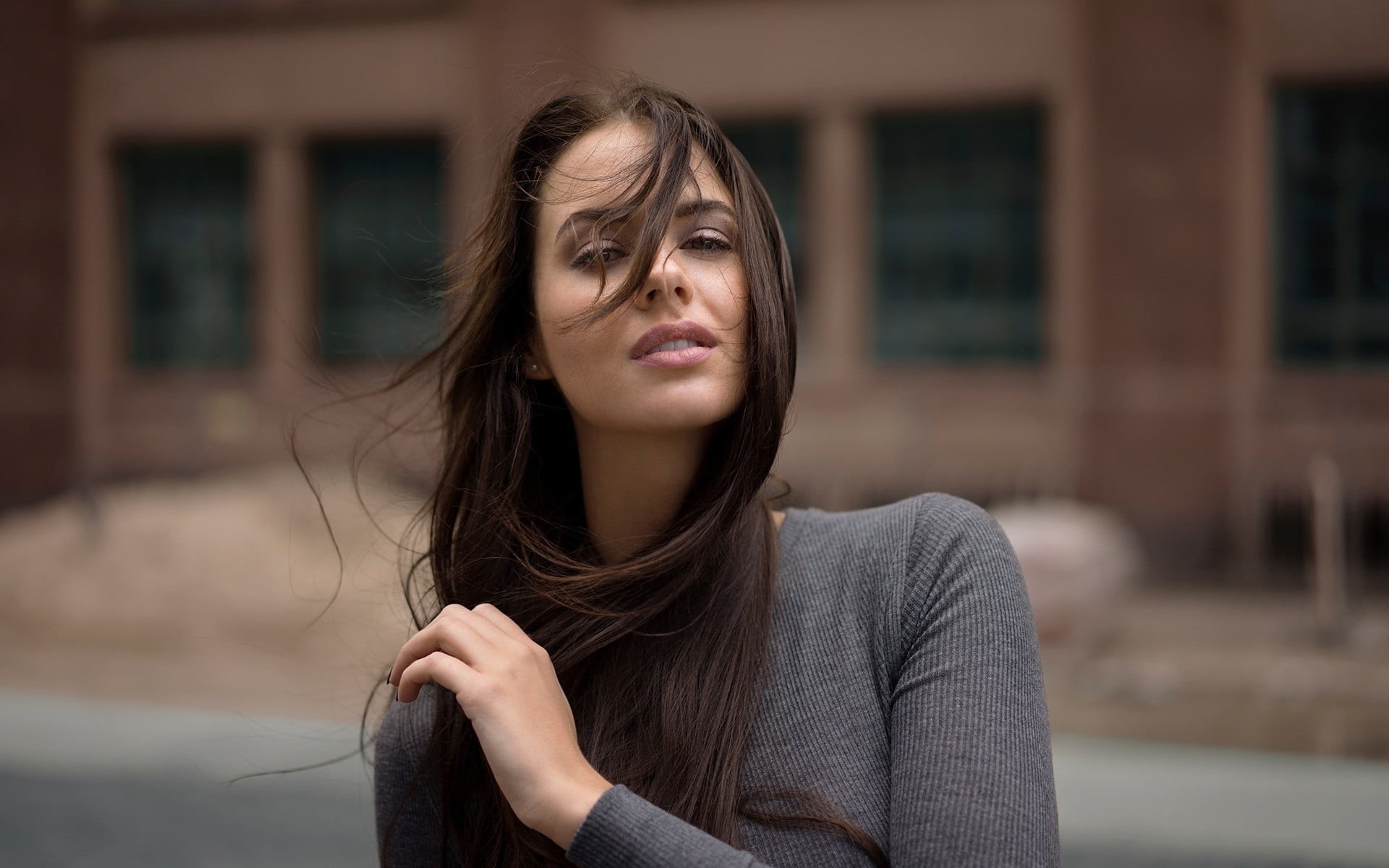 building, focus on foreground, woman, sweater, model, fashion Model, top, open mouth, street, solitude, human Hair, cute, girls, headshot, beautiful woman, HD Wallpaper