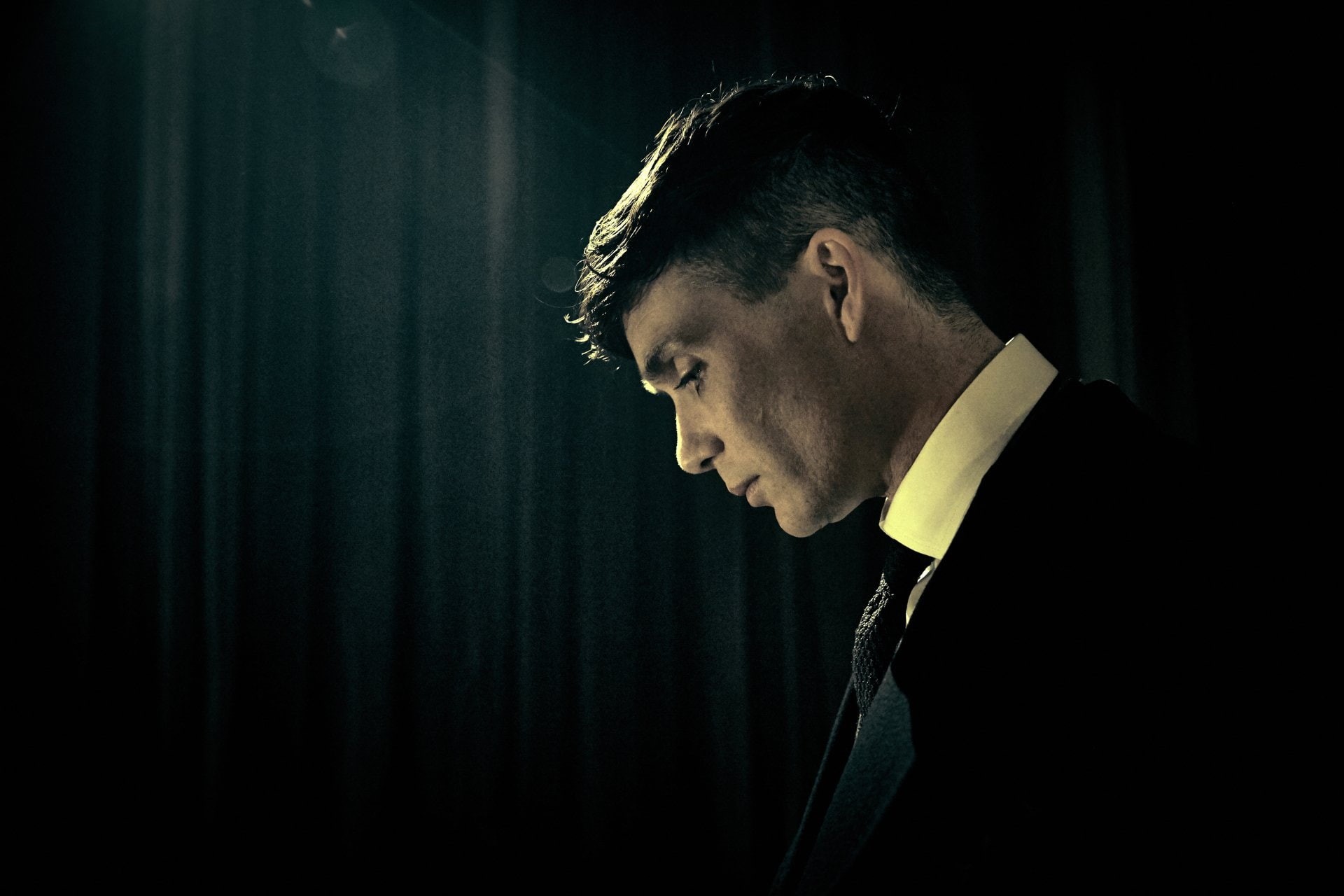 sadness, men, curtain, headshot, performance, profile view, young adult, adult, portrait, 1080P, Peaky Blinders, males, young men, one person, black background, HD Wallpaper