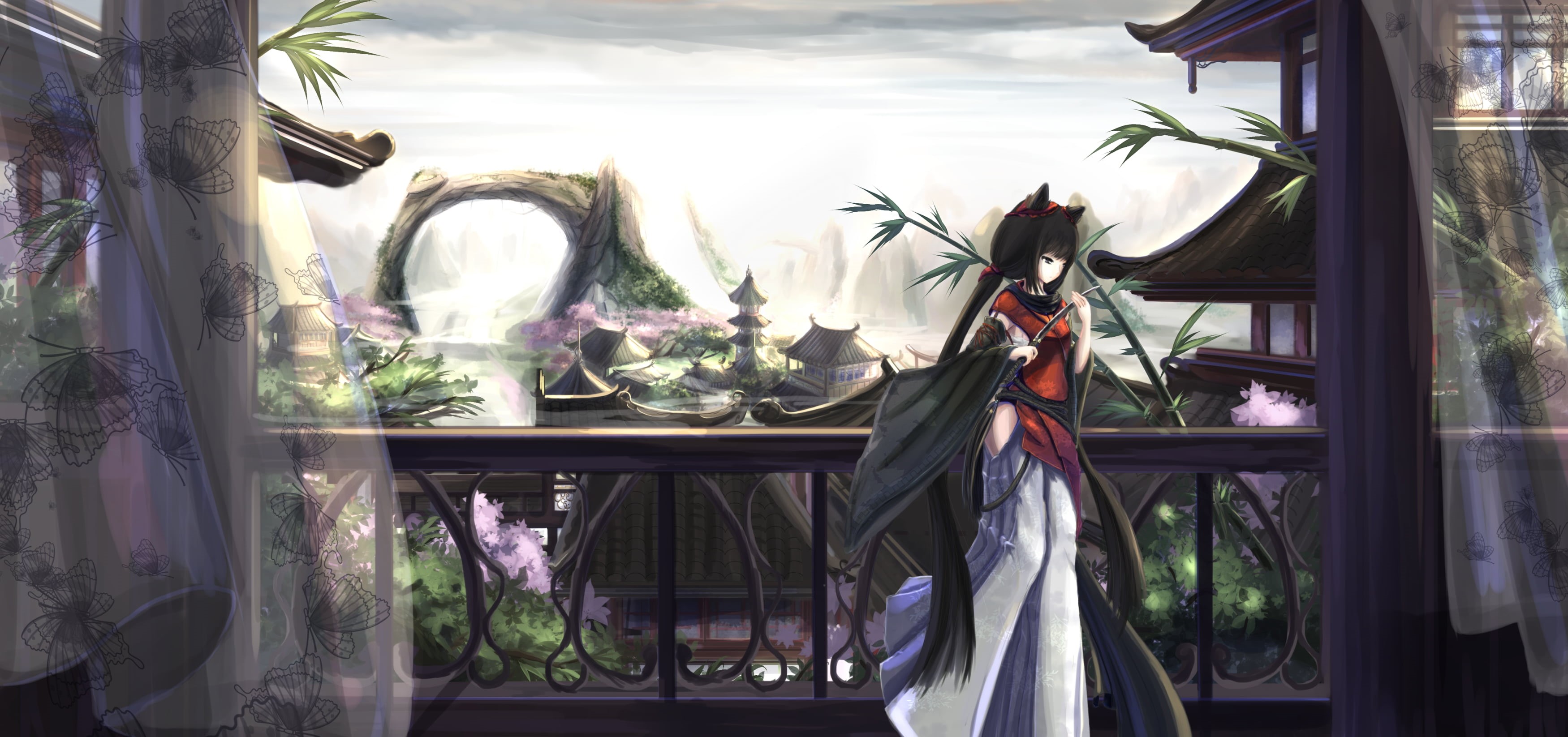 fantasy girl, plant, dark hair, day, window, nekomimi, outdoors, anime girls, no people, religion, black, representation, art and craft, statue, HD Wallpaper