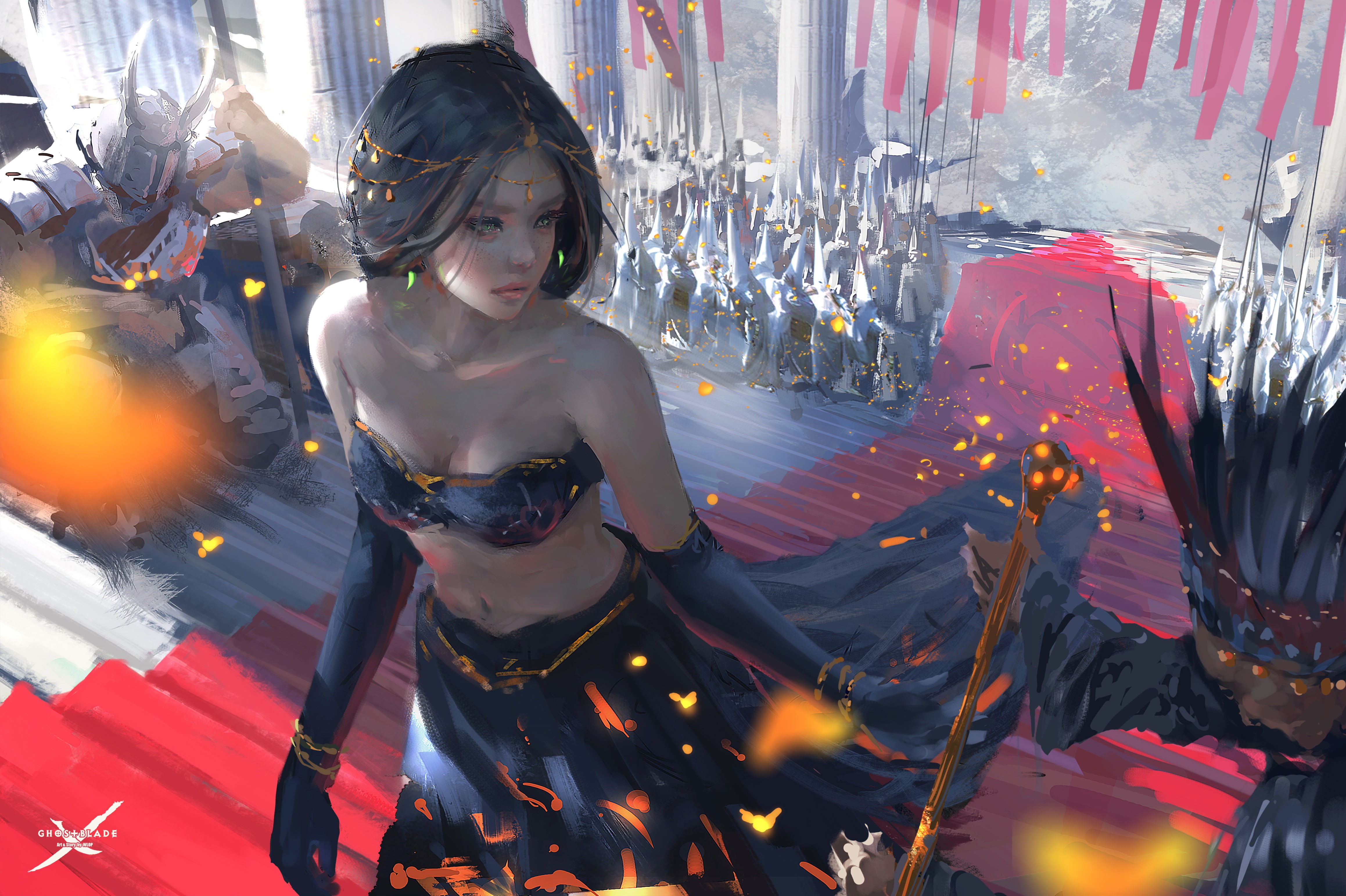 painting, belly, bare shoulders, cleavage, anime, digital art, WLOP, 4K, dress, women, anime girls, artwork, Ghost Blade, HD Wallpaper
