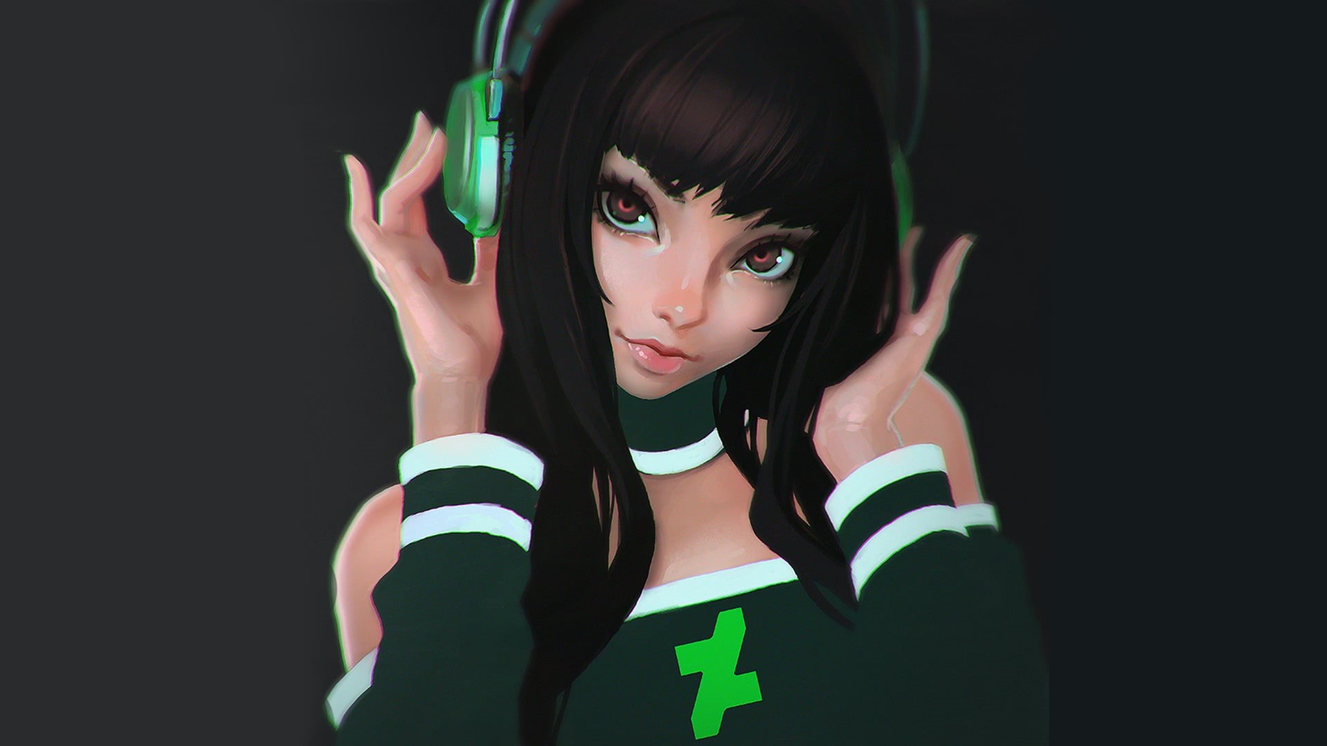 lifestyles, beautiful woman, waist up, beauty, hairstyle, headshot, child, artwork, green, character, 1080P, indoors, female, females, brunette, digital art, HD Wallpaper