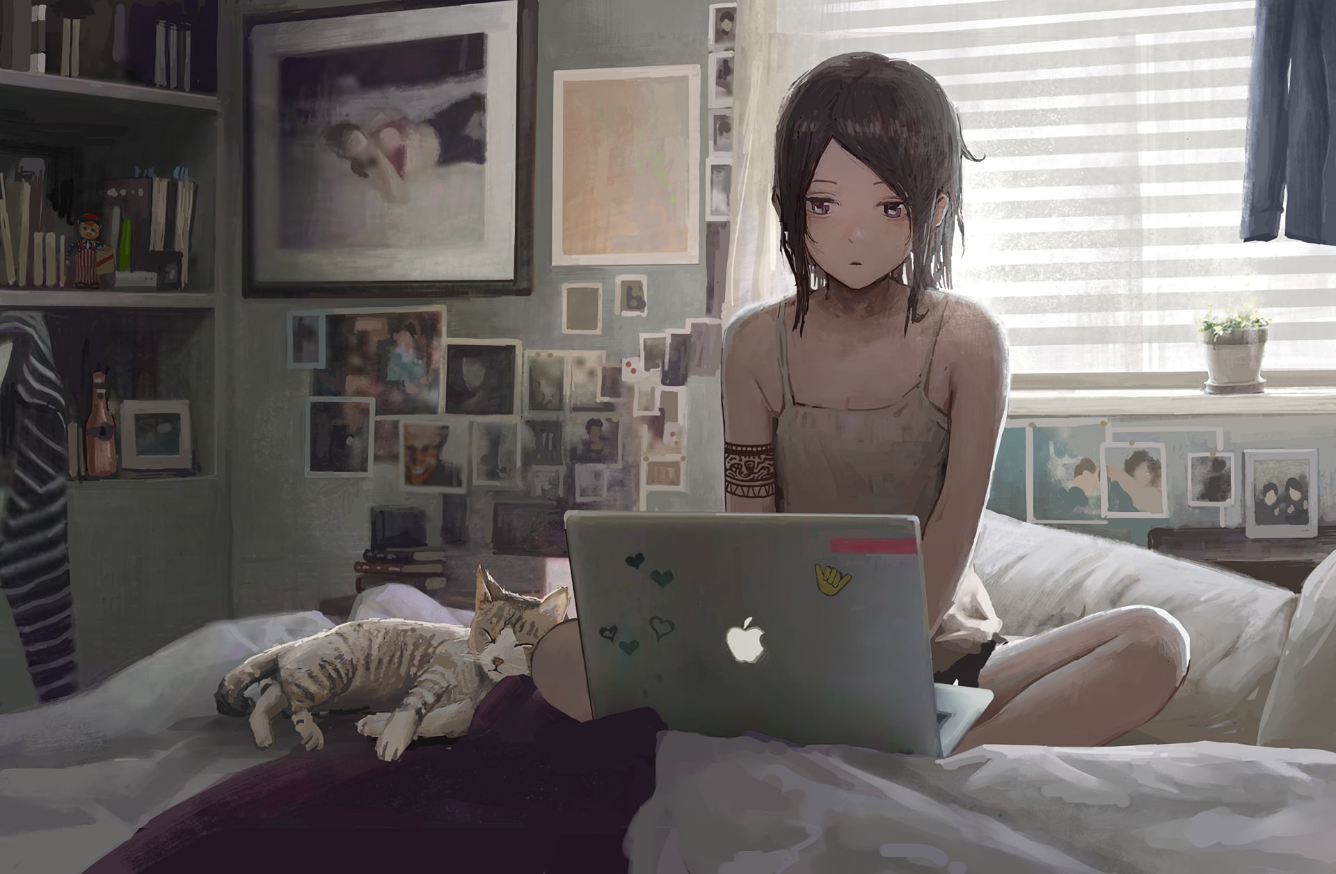 mac book, anime, bed, brunette, 1080P, women, artwork, anime girls, digital art, original characters, tattoo, cat, laptop, bedroom, HD Wallpaper