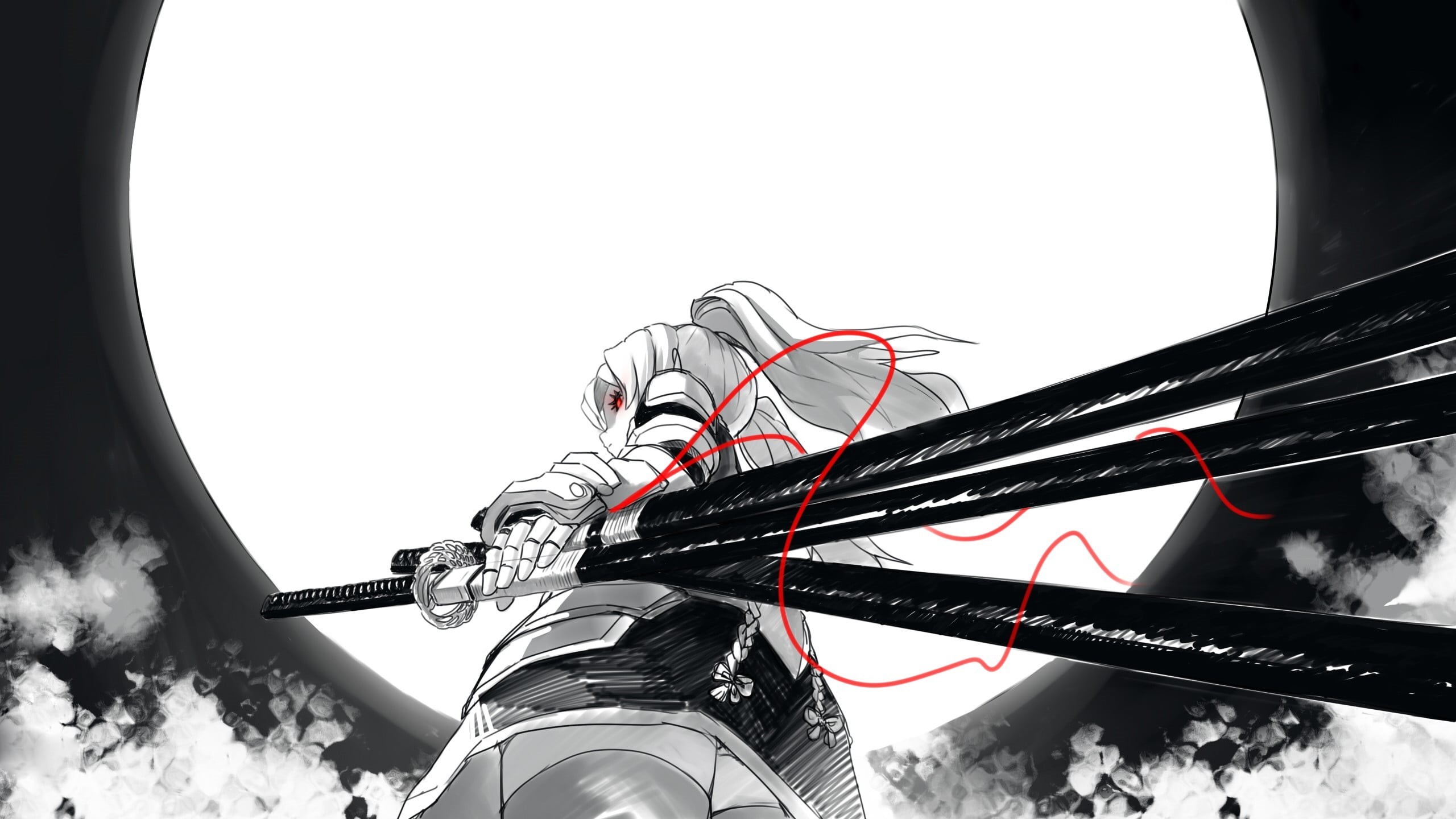 sky, 2K, original characters, haired, architecture, female, wheel, anime girls, day, low angle view, close-up, power supply, cable, metal, outdoors, monochrome, HD Wallpaper