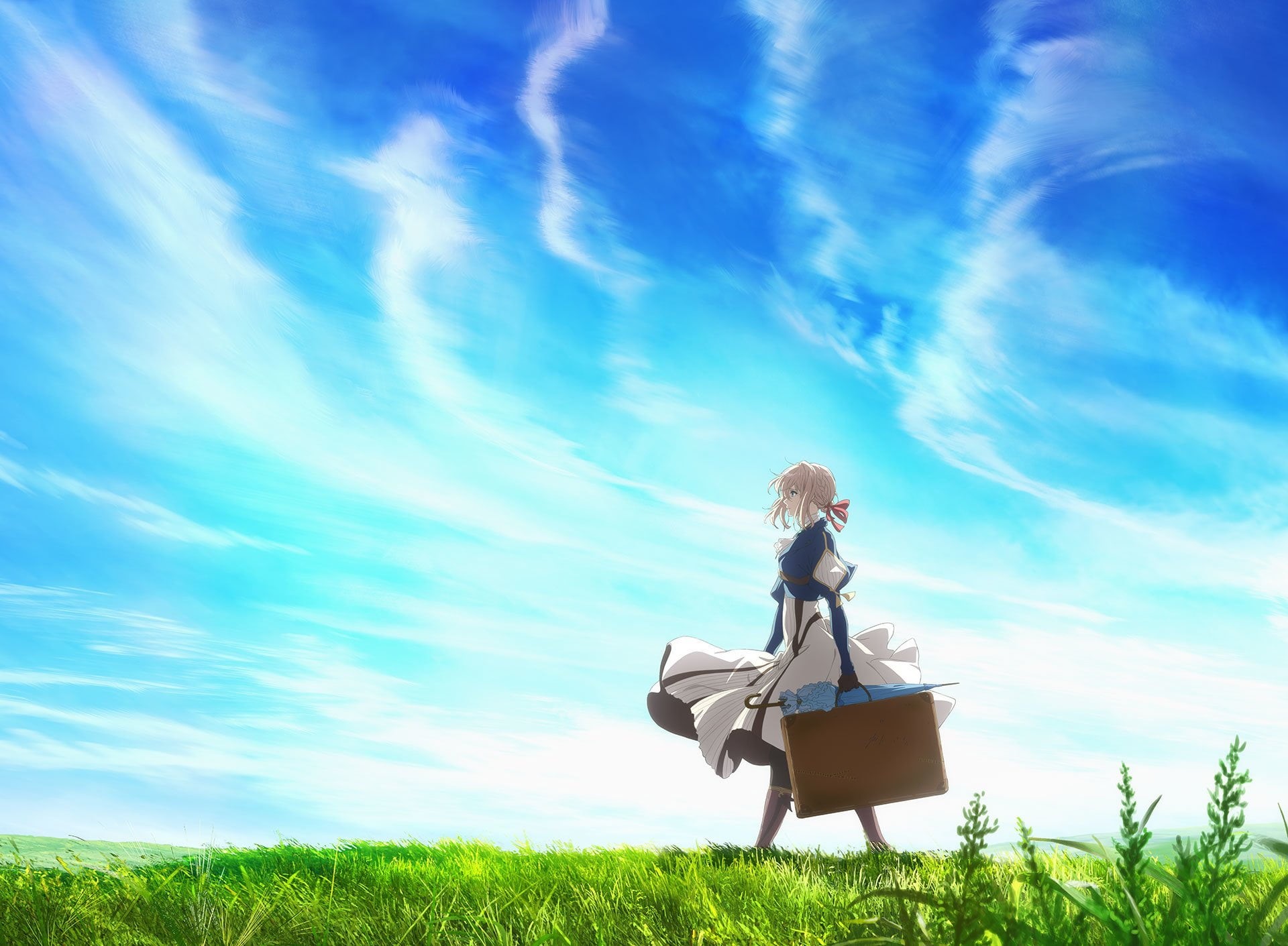 plant, blue, cloud - sky, day, field, lifestyles, sunlight, land, women, character, environment, Violet Evergarden (Character), leisure activity, outdoors, HD Wallpaper
