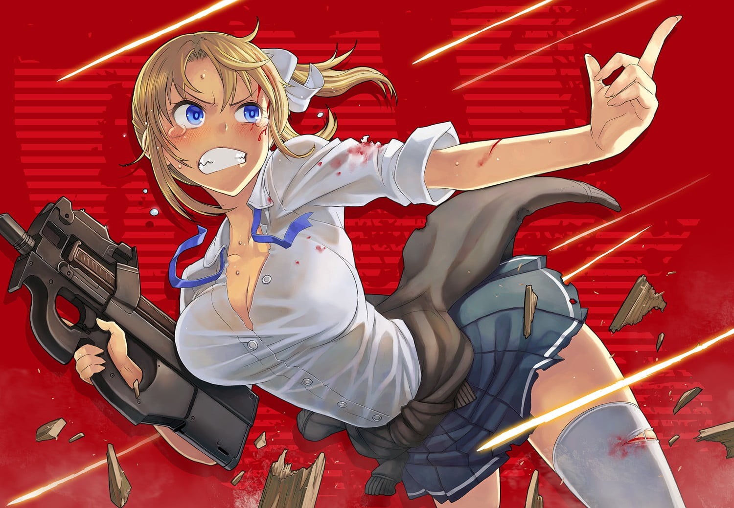 sport, blond hair, portrait, female, looking at camera, rifle, mouth open, character, costume, school uniform, anime girls, full length, anime, motion, HD Wallpaper