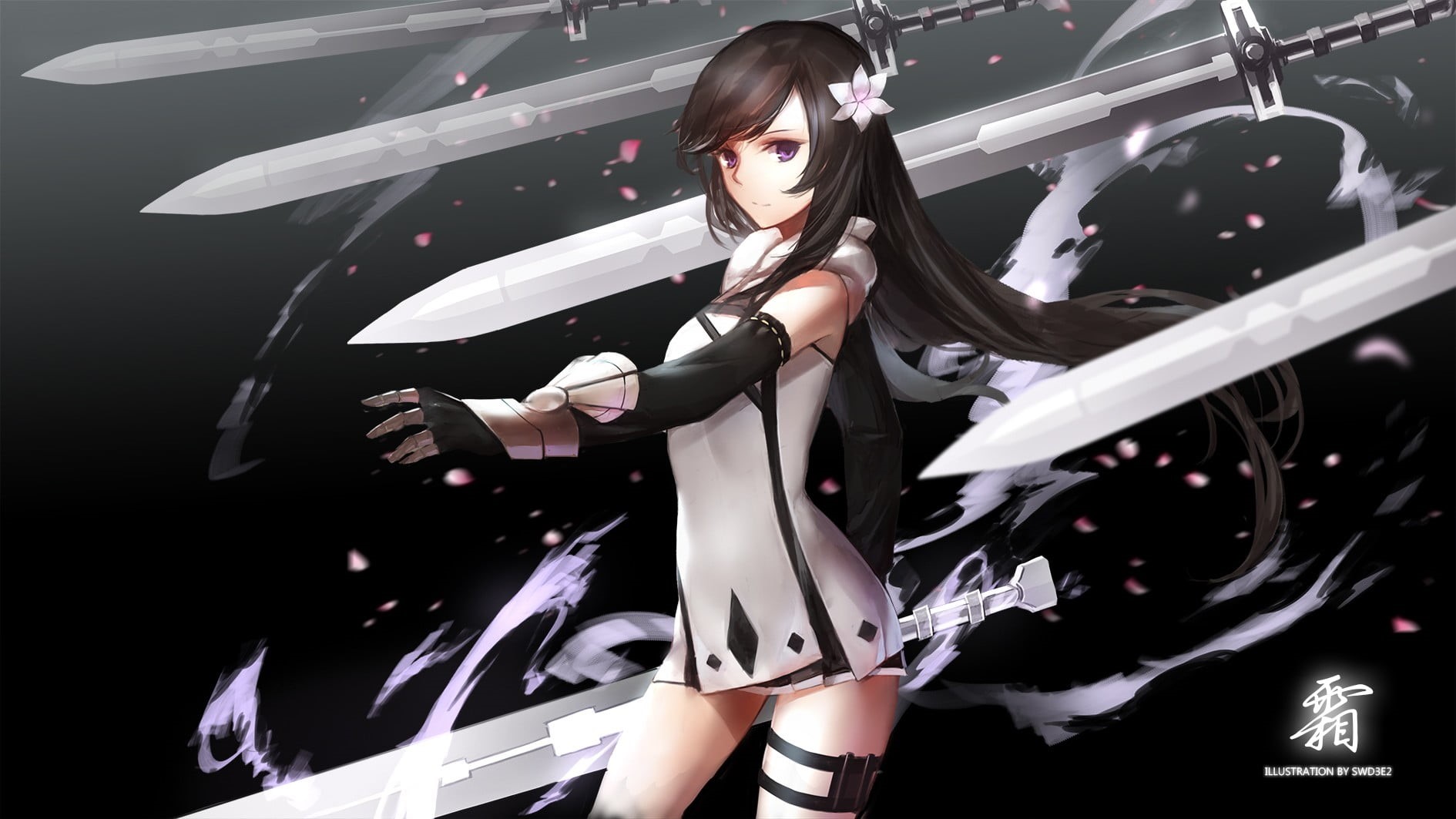 character, transportation, sword, standing, original characters, real people, long hair, fashion, silver colored, flower petals, females, black, three quarter length, HD Wallpaper