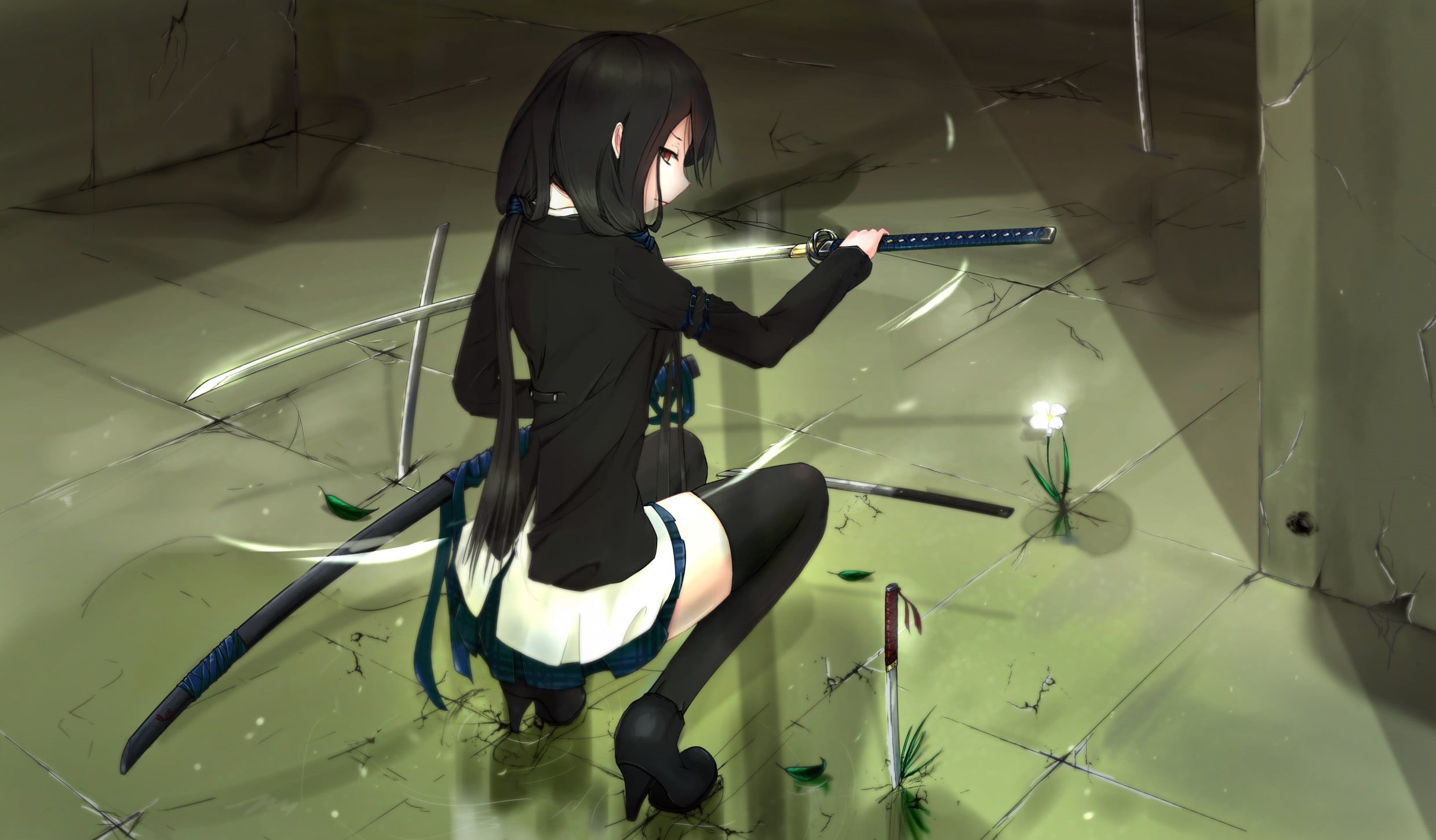 anime girls, sword, weapon, black, jacket, dark hair, original characters, haired, 1080P, adult, women, heels, lifestyles, thigh-highs, people, hairstyle, HD Wallpaper