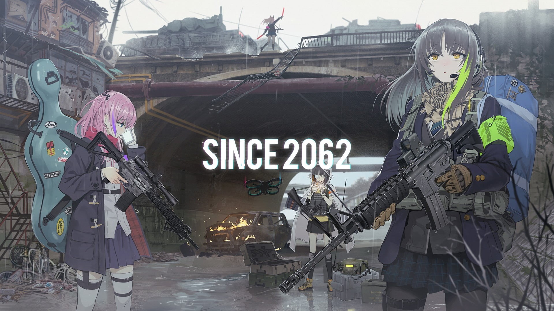 security, accidents and disasters, rifles, artwork, safety, Girls Frontline, text, city, technology, cityscape, urban, day, people, occupation, gun, men, HD Wallpaper