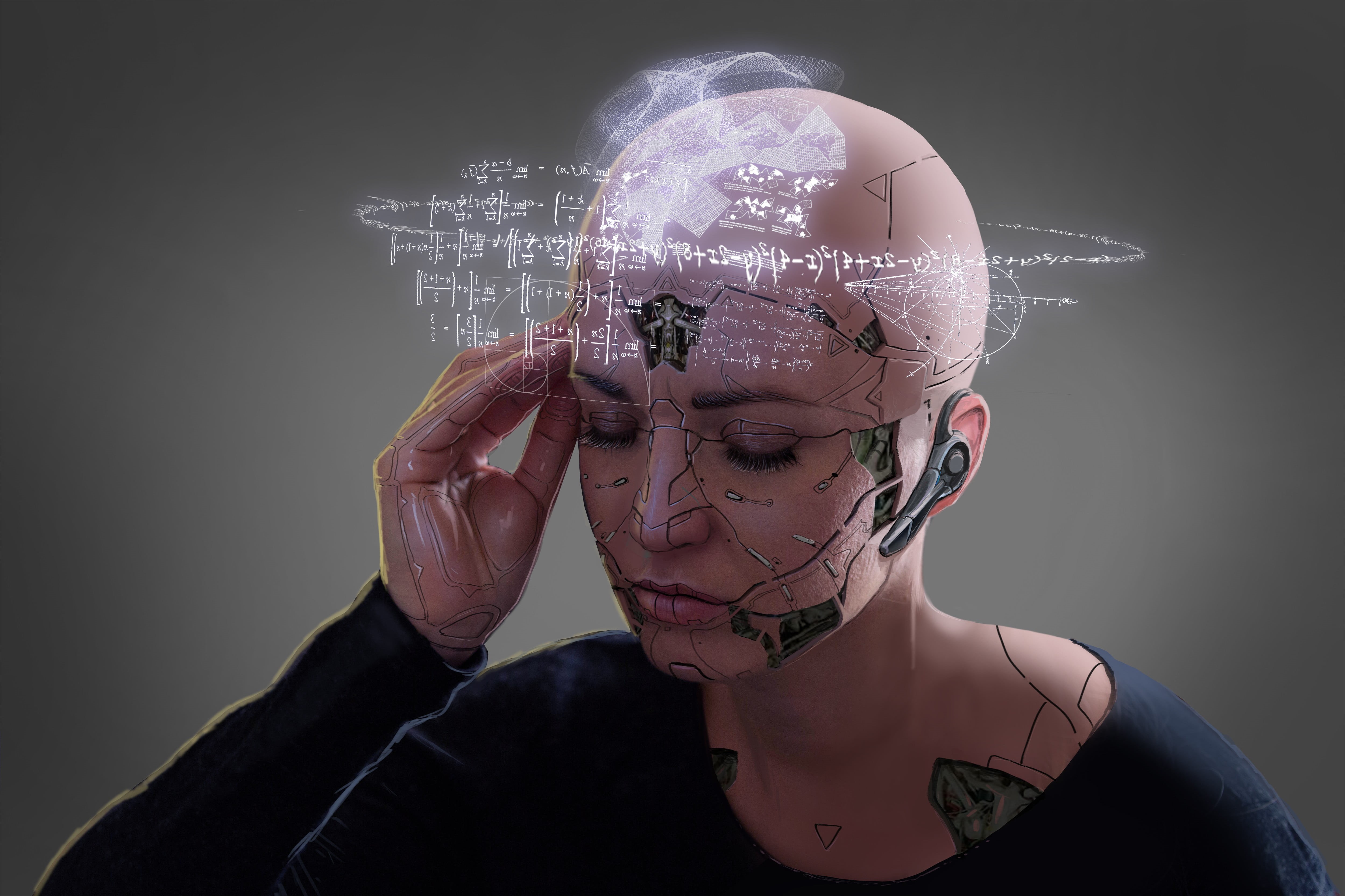 females, 4K, human body part, studio shot, science fiction, front view, indoors, technology, women, futuristic, artwork, gray background, headshot, black background, HD Wallpaper