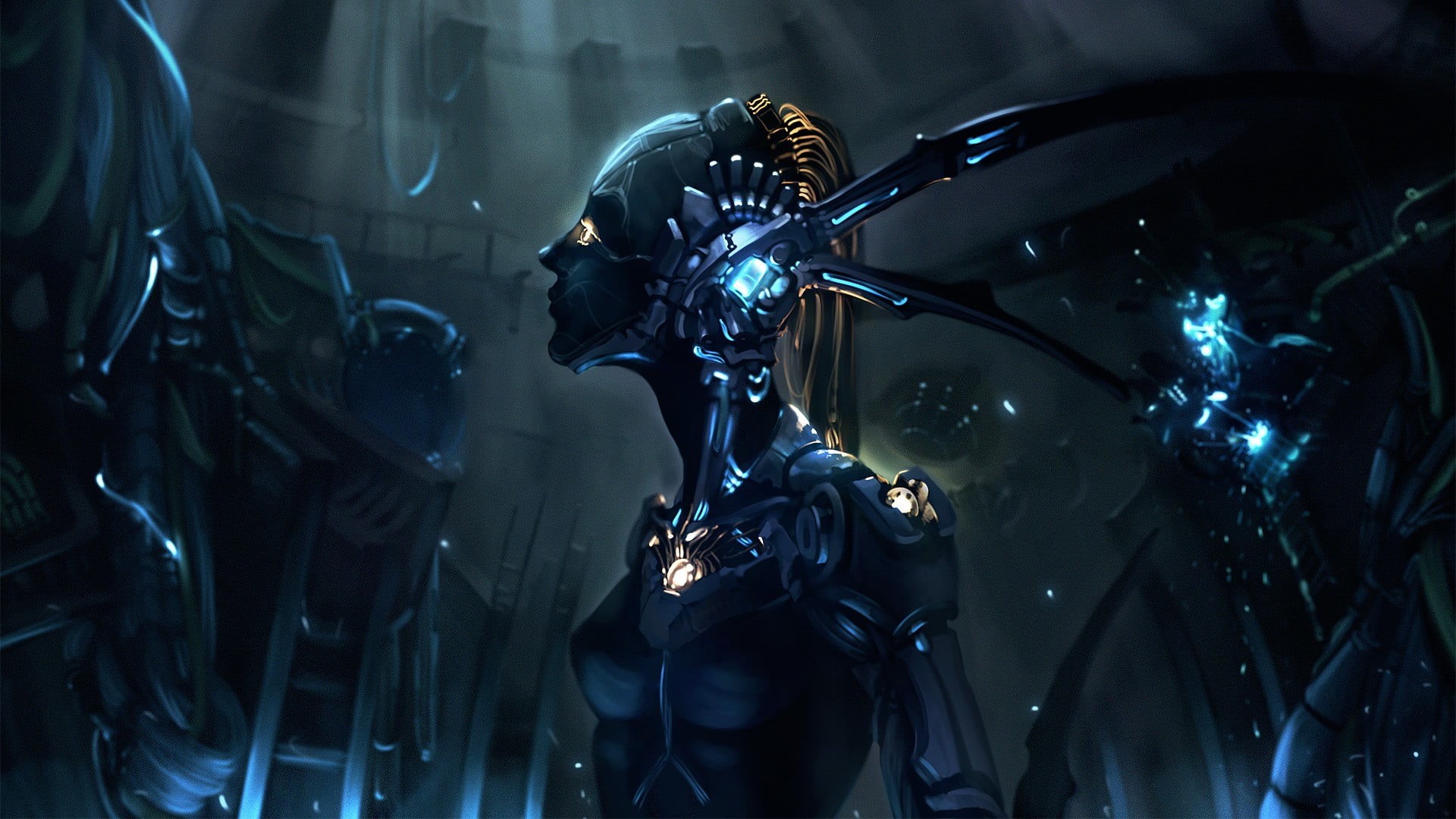 fantasy art, illuminated, technology, music, night, indoors, artwork, sculpture, male likeness, transportation, androids, mode of transportation, digital art, HD Wallpaper