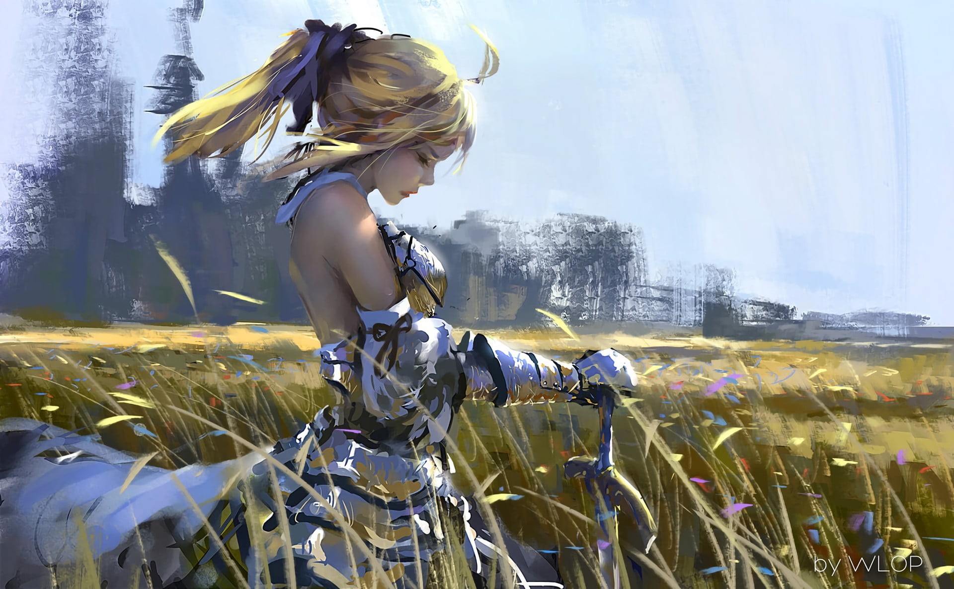 beautiful woman, illustration, yellow, Saber, haired, lifestyles, young women, Saber Lily, rural Scene, building exterior, three quarter length, anime girls, HD Wallpaper