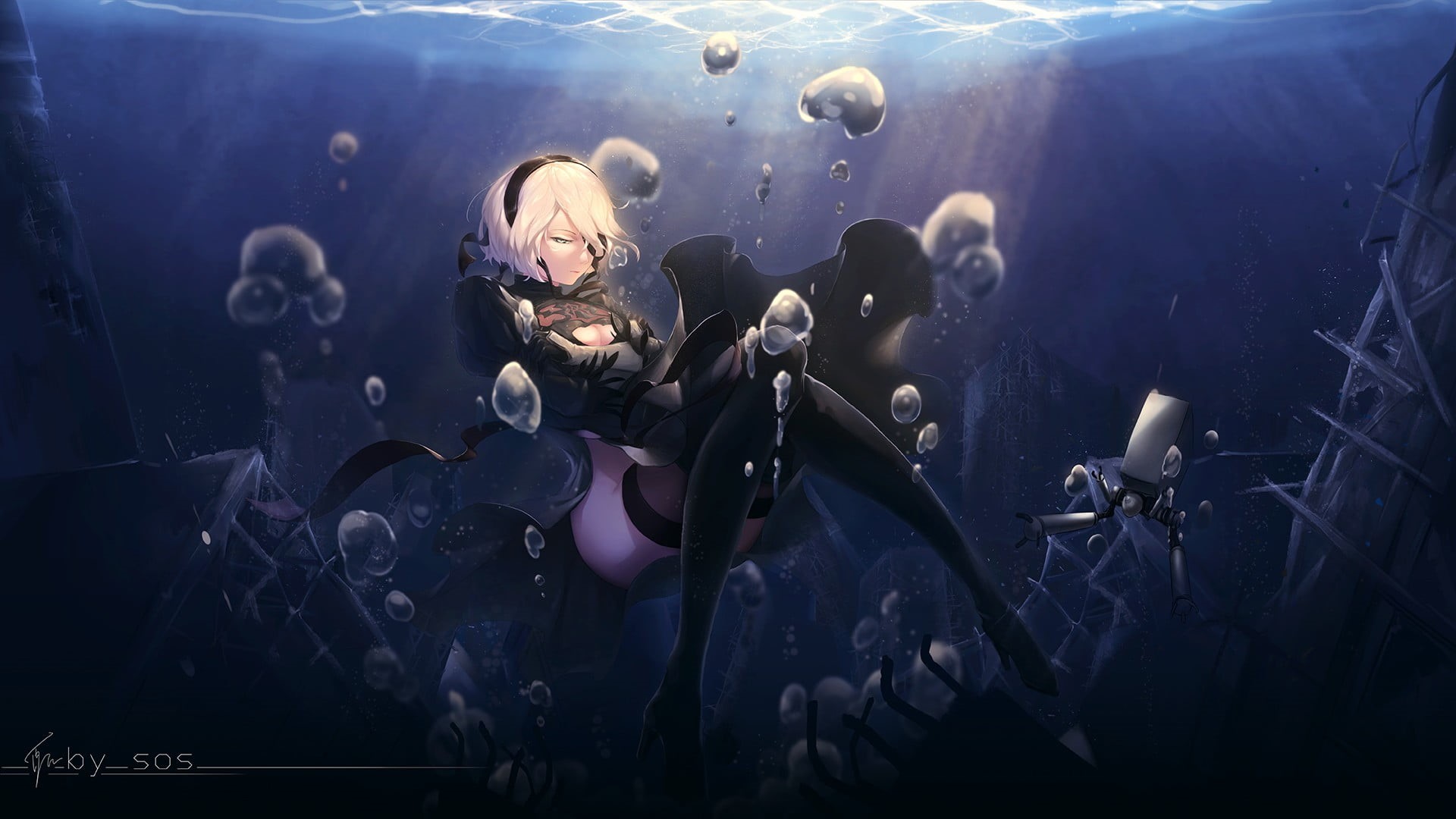 adult, 2B (Nier: Automata), haired, people, caucasian Ethnicity, dark, females, cartoon, anime girls, 1080P, front view, marine, indoors, undersea, water, HD Wallpaper