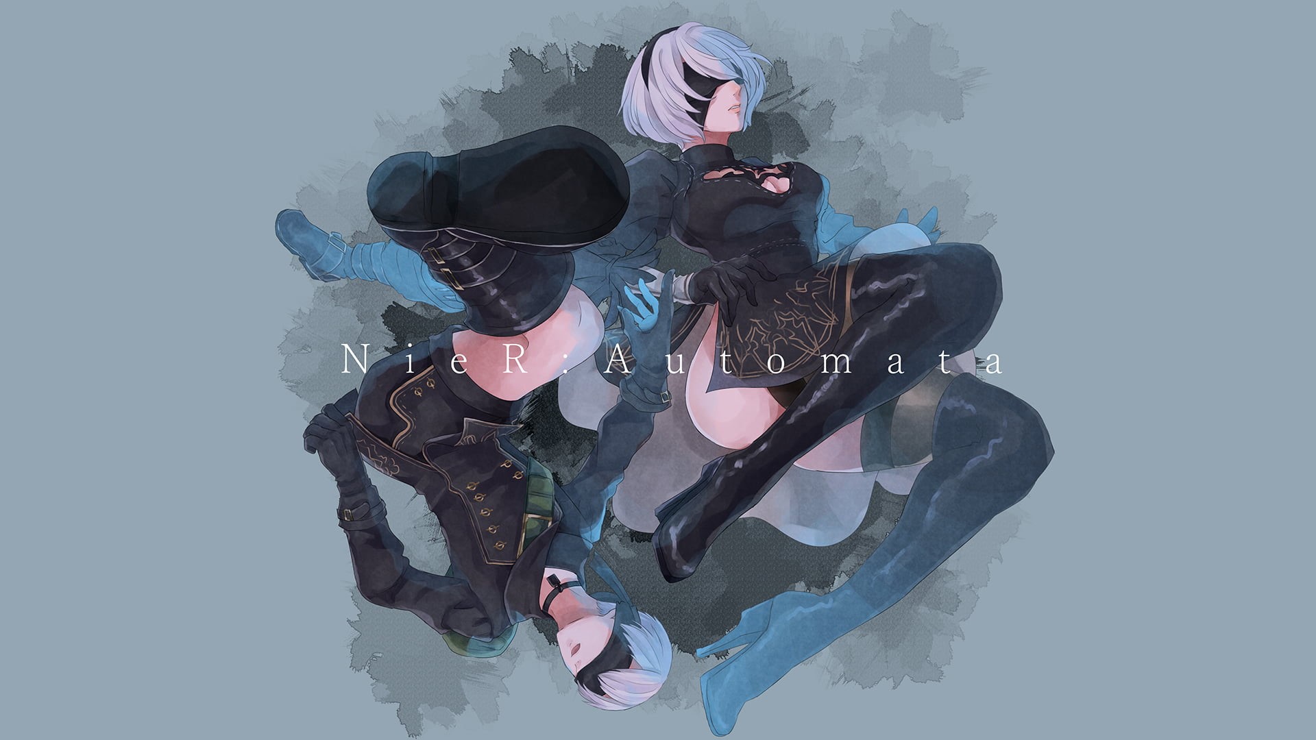 cleavage, Nier: Automata, studio shot, obscured face, NieR, looking at camera, front view, women, white hair, men, one person, mature men, digital composite, HD Wallpaper