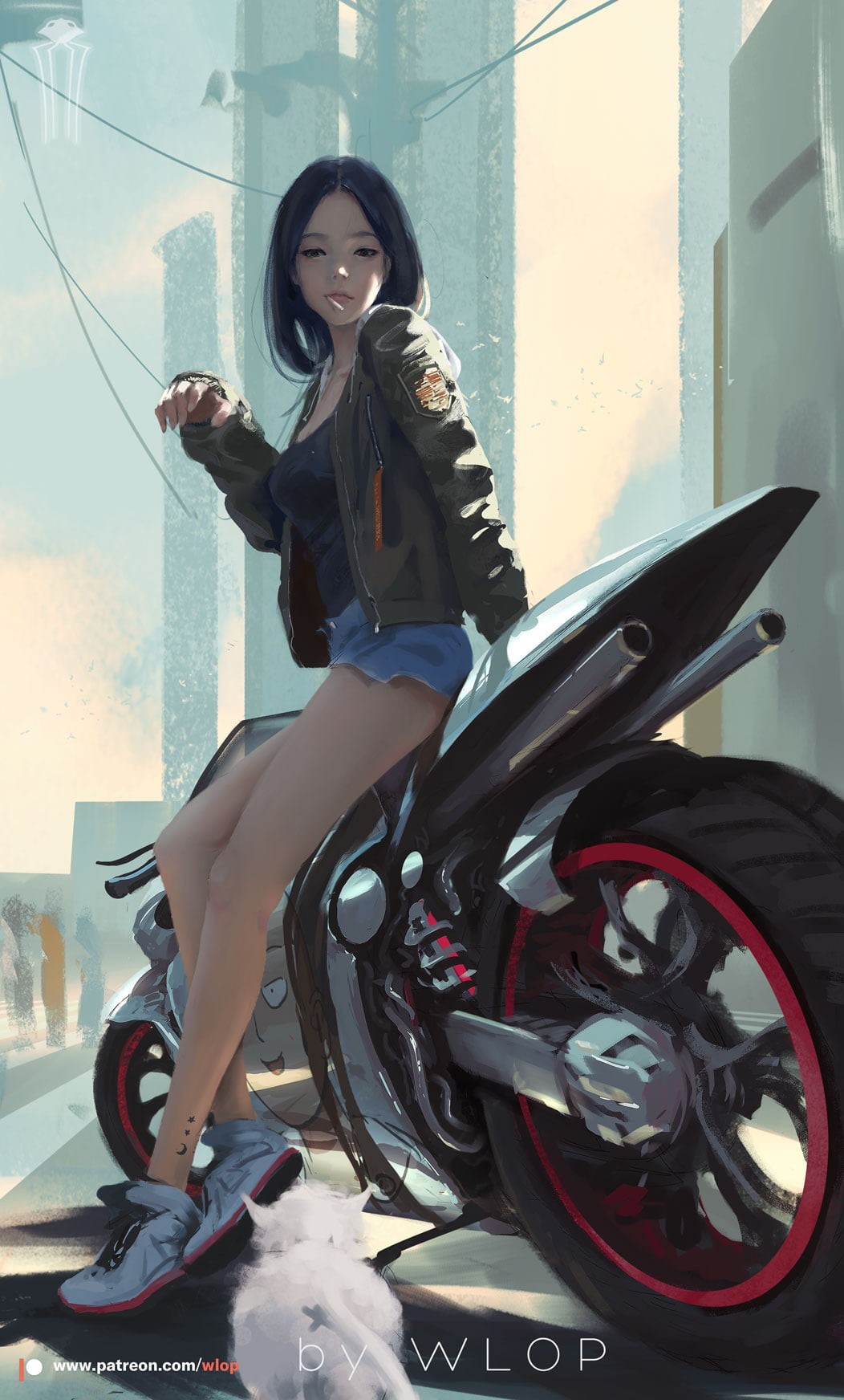 anime girls, full length, lifestyles, beautiful, mode of Transport, 720P, urban Scene, one Person, long hair, motorcycle, looking at camera, smiling, hairstyle, Phone HD Wallpaper