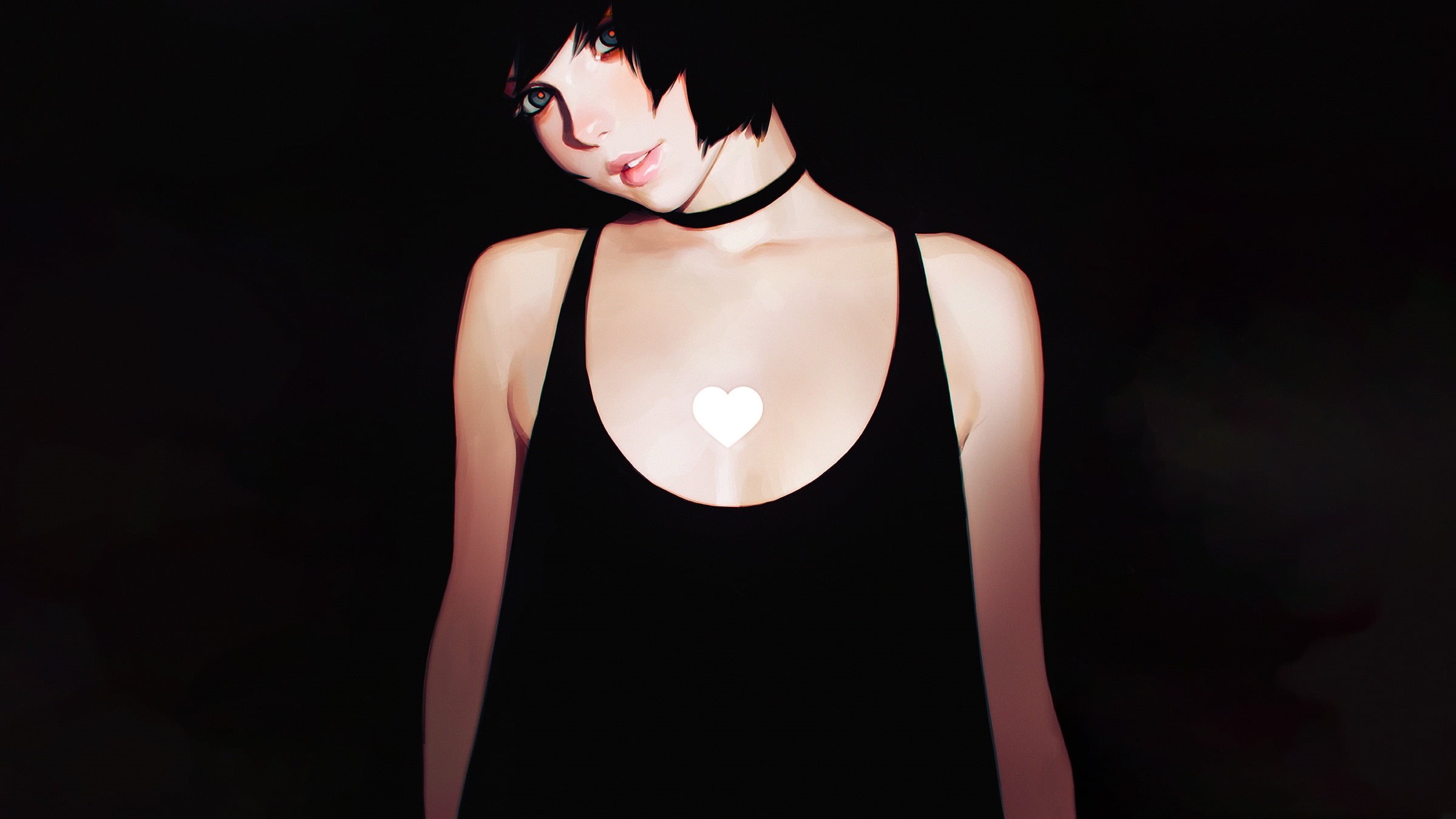 heart, fashion, adult, clothing, young adult, black color, Ilya Kuvshinov, hairstyle, women, digital art, standing, indoors, illuminated, choker, front view, HD Wallpaper