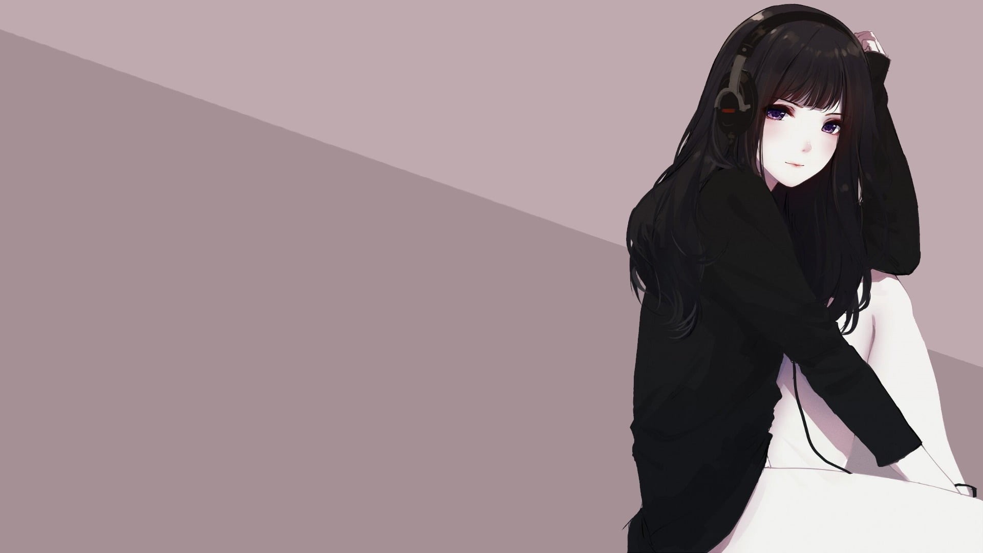 headphones, simple background, thighs, hairstyle, looking at camera, women, clothing, wall - building feature, studio shot, black, indoors, brunette, HD Wallpaper