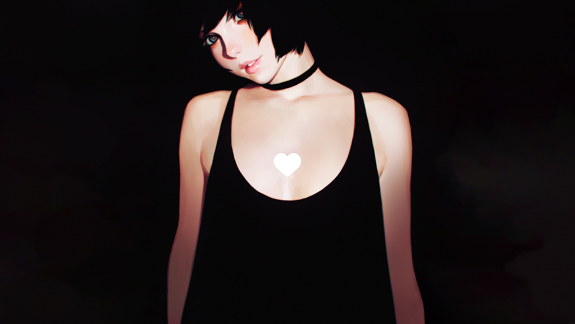 women, choker, looking at viewer, Ilya Kuvshinov, heart, brunette, short hair, artwork, simple background, 1080P, digital art, HD Wallpaper