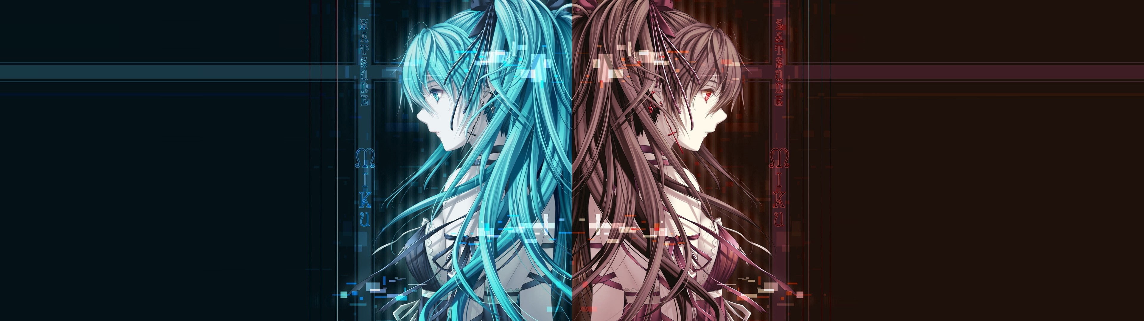 multi colored, anime girls, architecture, Hatsune Miku, long exposure, abstract, female, 4K, glowing, two, digital composite, motion, light - natural phenomenon, HD Wallpaper