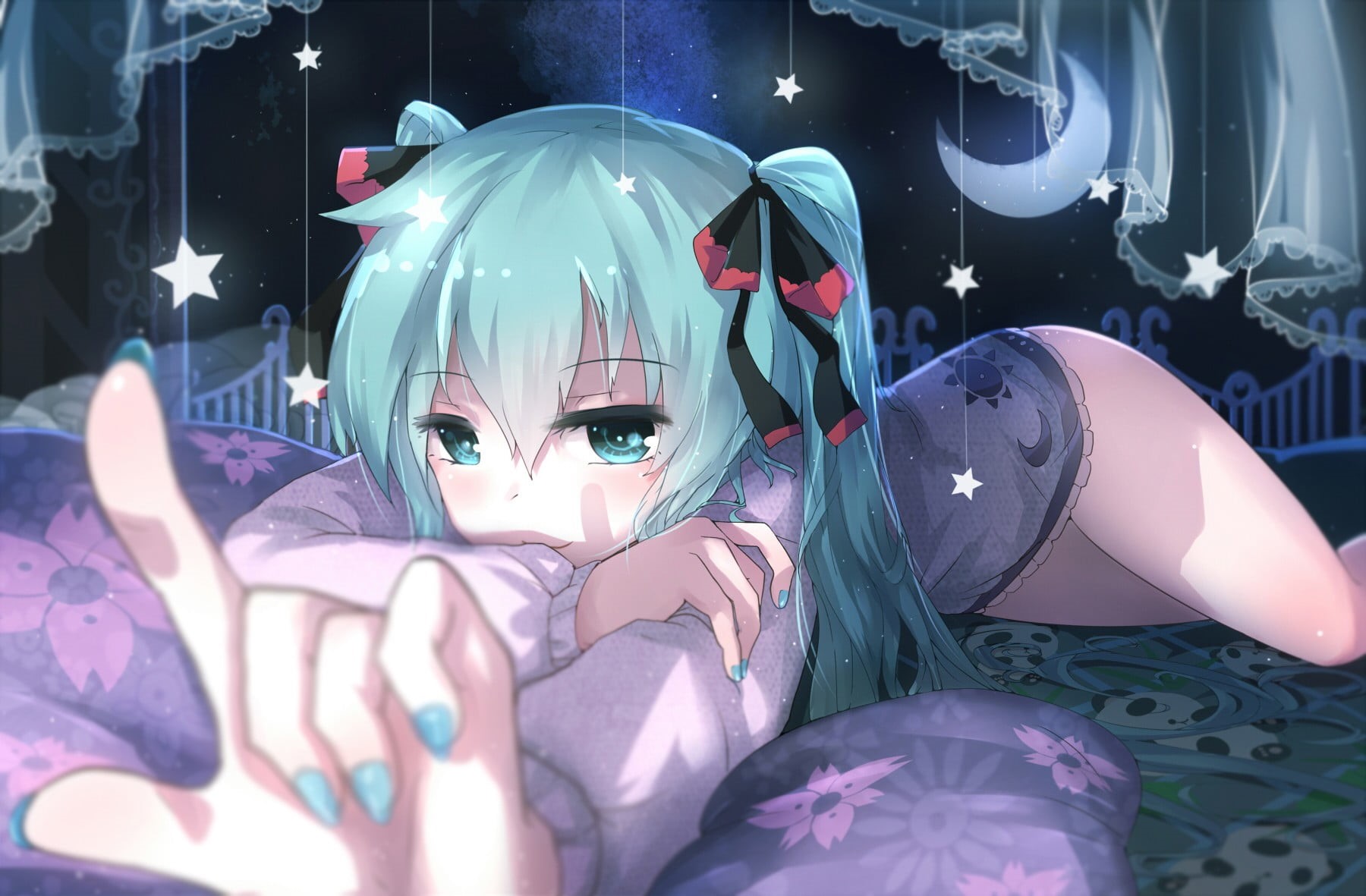 stars, female likeness, human representation, costume, top, green, Moon, girl, art and craft, Hatsune Miku, Vocaloid, 720P, haired, spooky, real people, HD Wallpaper