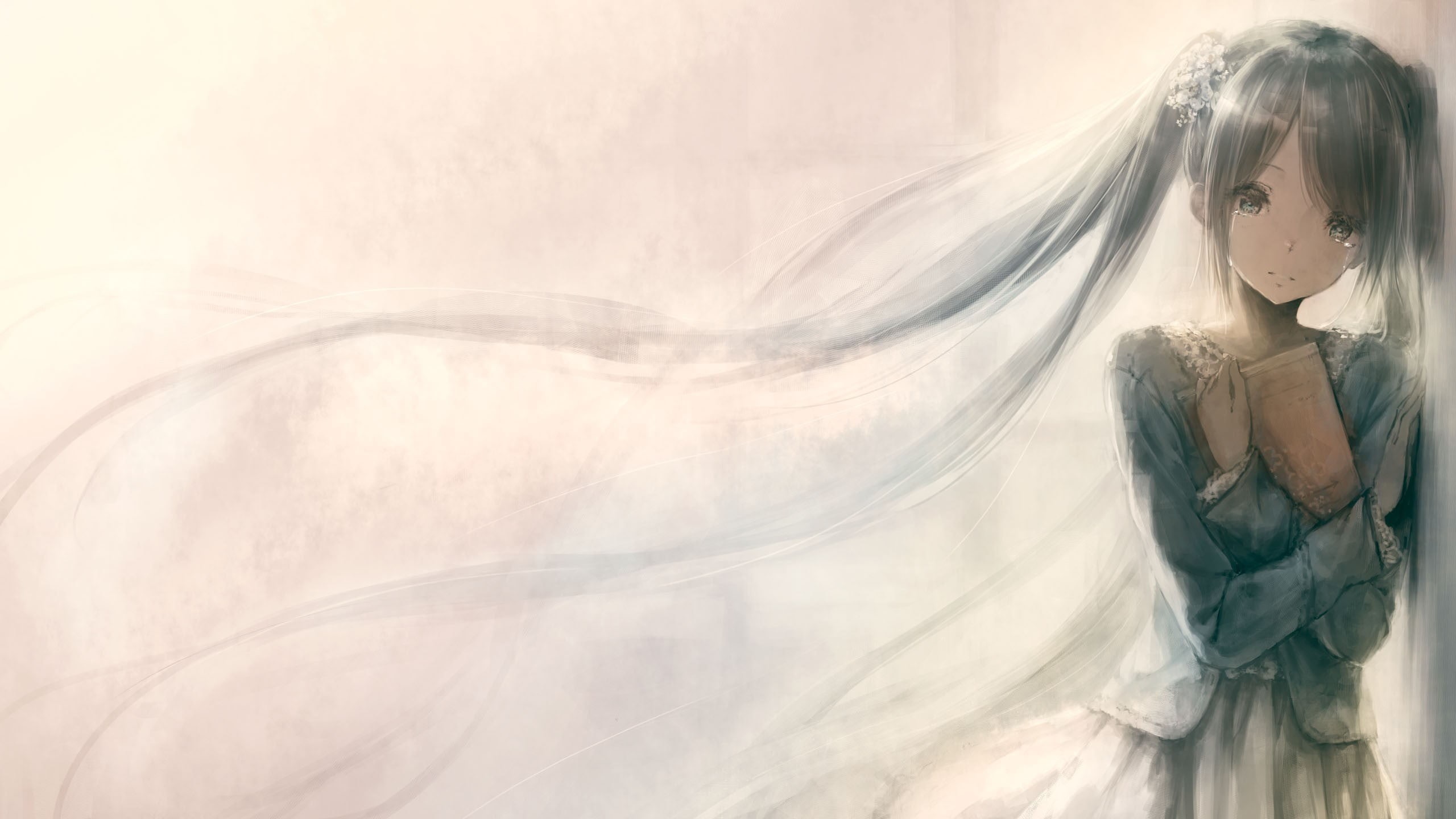 twintails, beautiful woman, illustration, nature, three quarter length, angel, digital composite, anime girls, female, hair, mystery, books, gray, women, HD Wallpaper