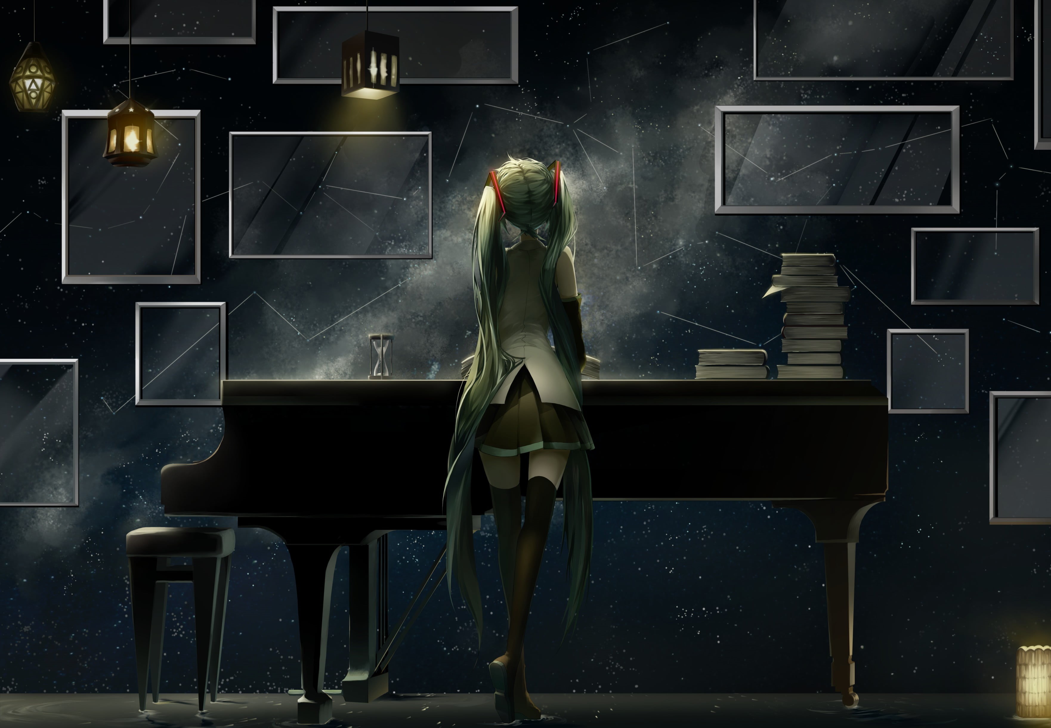 occupation, books, anime girls, one person, women, anime, stockings, human representation, real people, reflection, seat, aqua hair, digital composite, HD Wallpaper