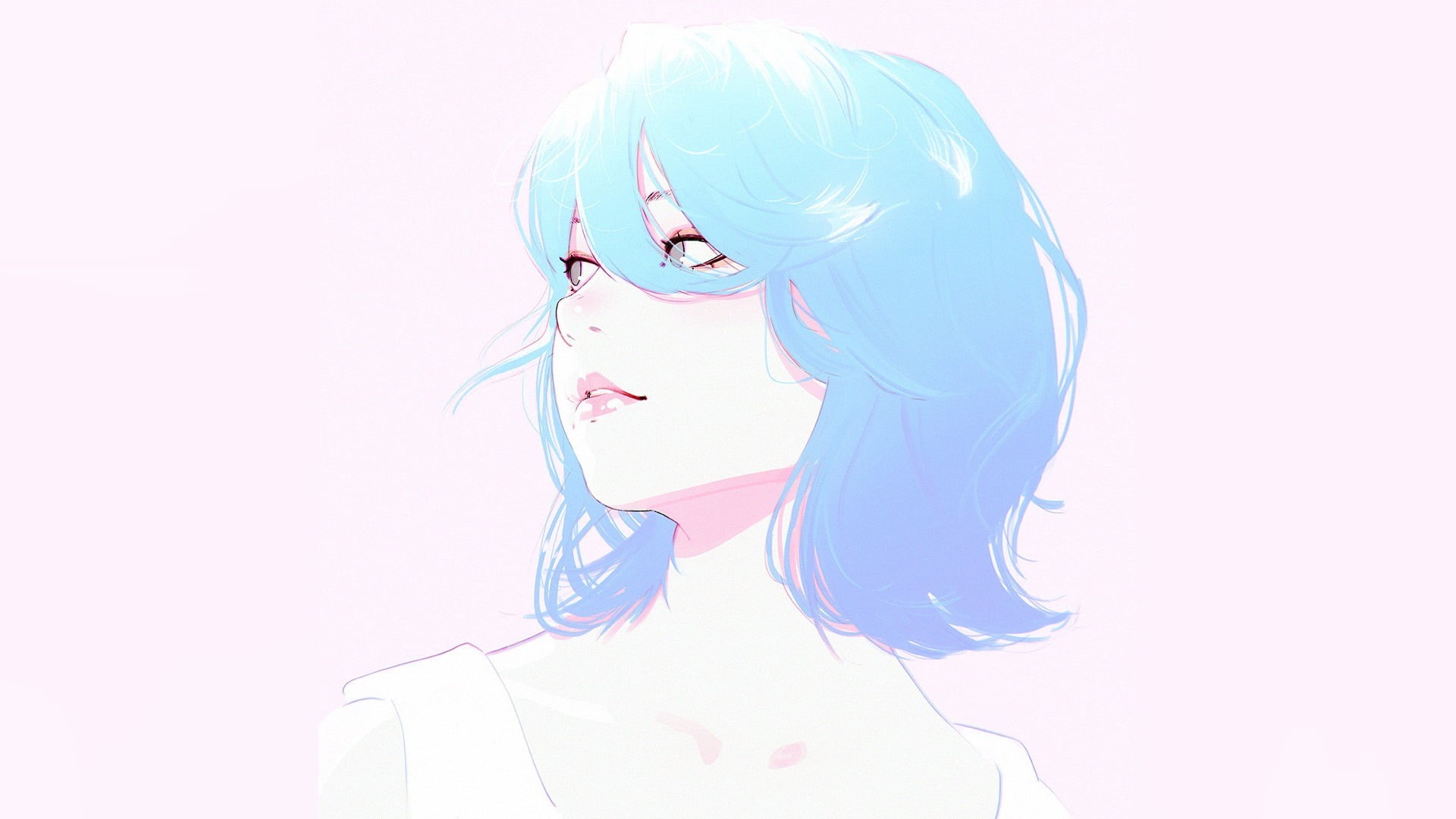Ilya Kuvshinov, young women, beautiful woman, indoors, hairstyle, white background, top, copy space, human body part, blue, portrait, white, HD Wallpaper